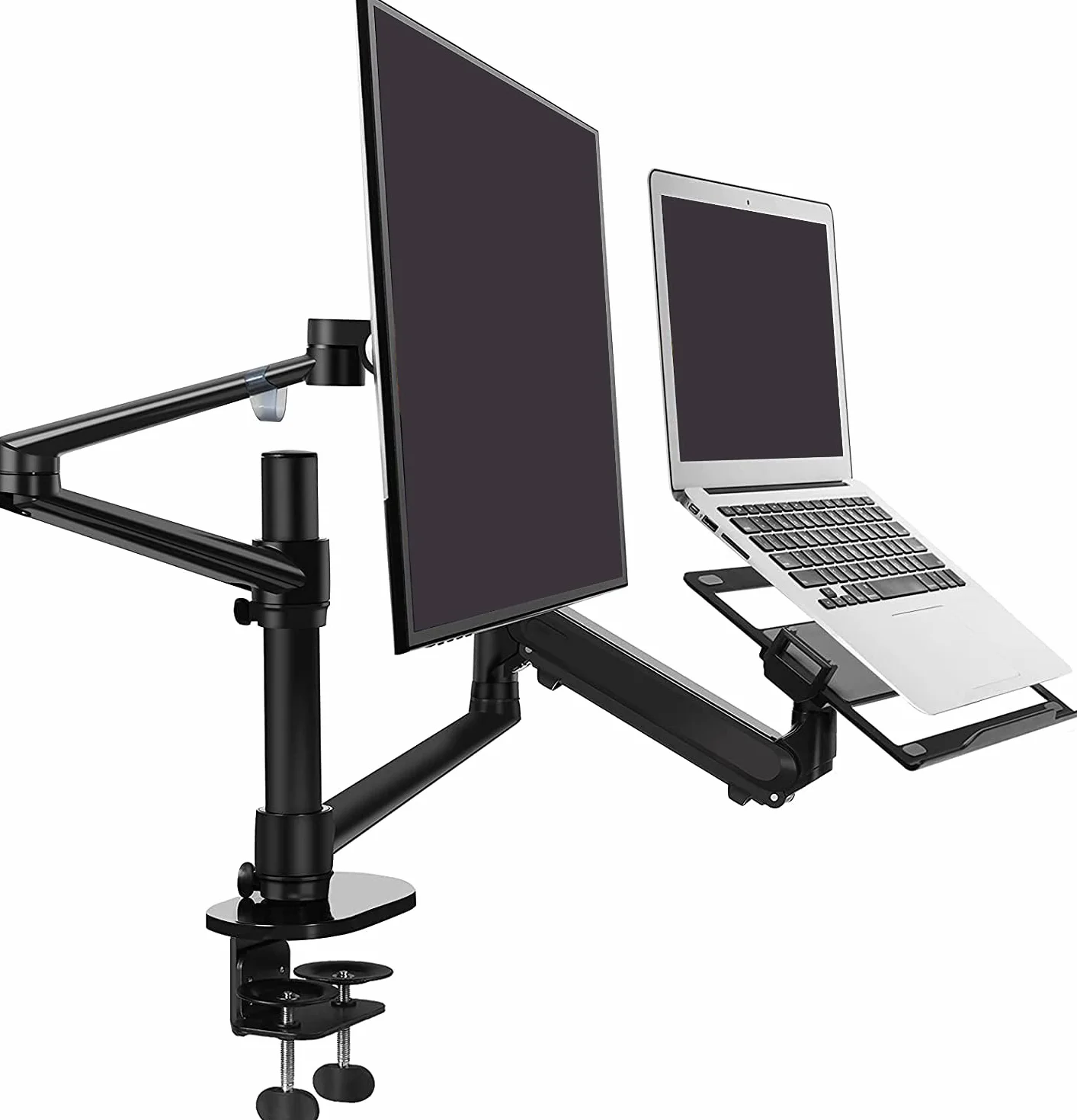 ThingyClub podwójny stojak na laptopa i monitor – pojedyncza wysokość regulowana sprężyna gazowa ramię laptopa i stojak na jedno ramię / uchwyt obrotowy uchwyt na biurko do monitora pasuje do ekranu komputera o przekątnej od 17 do 27 cali (czarny)