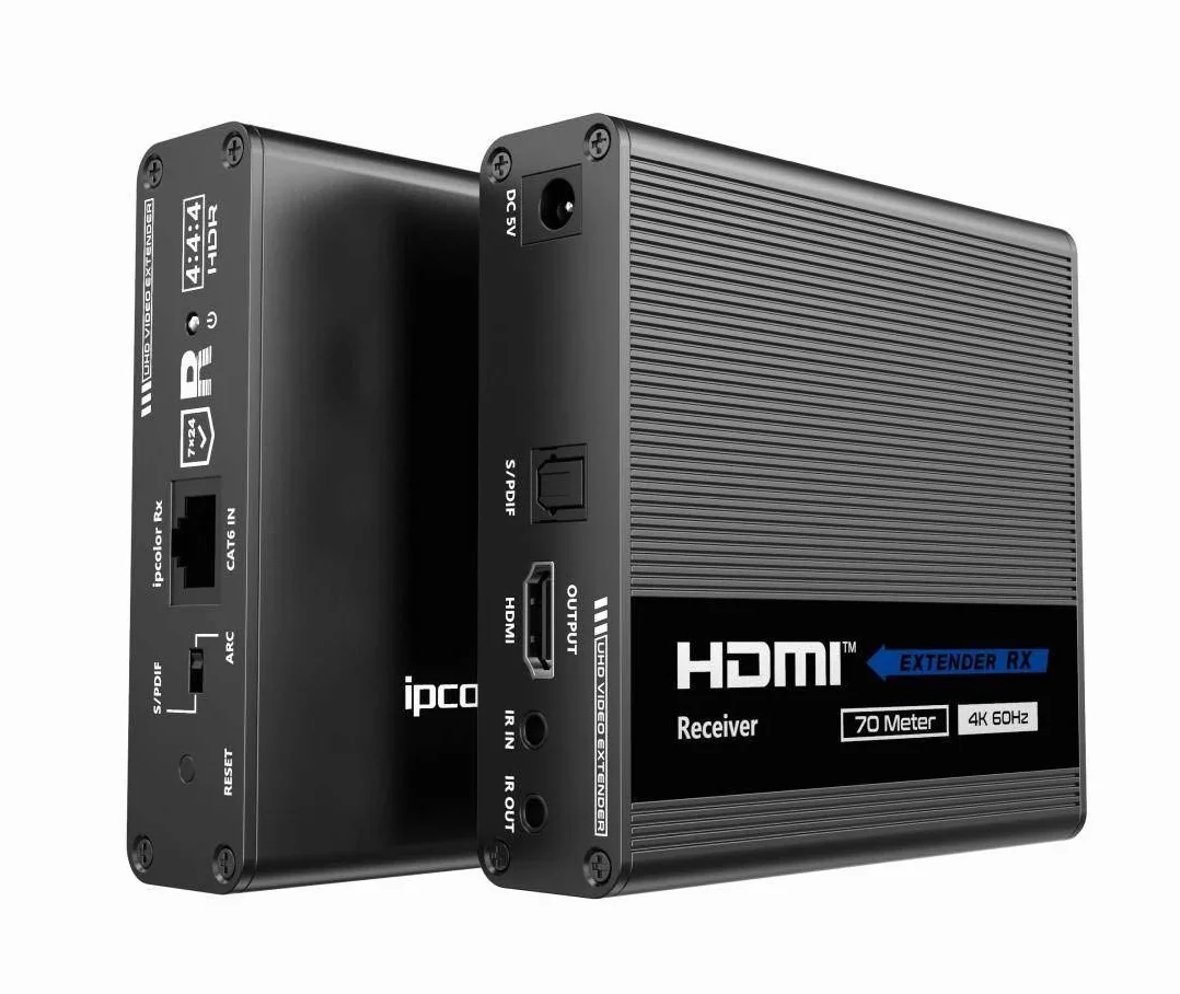 PremiumCord Przedłużacz 4K HDMI na 70 m za pomocą kabla krosowego Cat6 / Cat6A / Cat7, nadajnik i odbiornik podczerwieni, HDMI 2.0, ARC, rozdzielczość wideo Ultra HD 4K @ 60Hz
