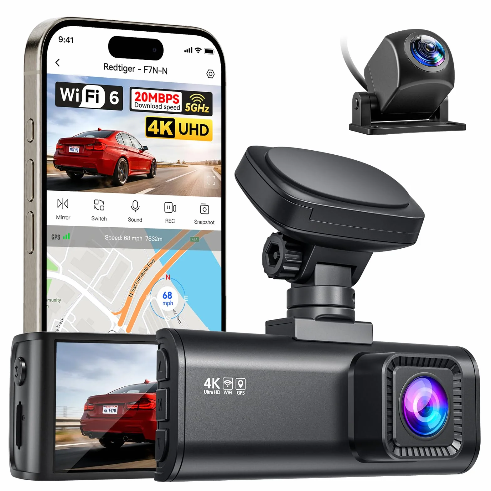 REDTIGER F7N-N kamera samochodowa 4K z przodu, z tyłu, 5,8 GHz WiFi – szybka transmisja 20 MB/s, kamera samochodowa 2160p/FHD z precyzyjnym GPS, WDR, ekran IPS 3,18", widoczność w nocy, obsługuje maks