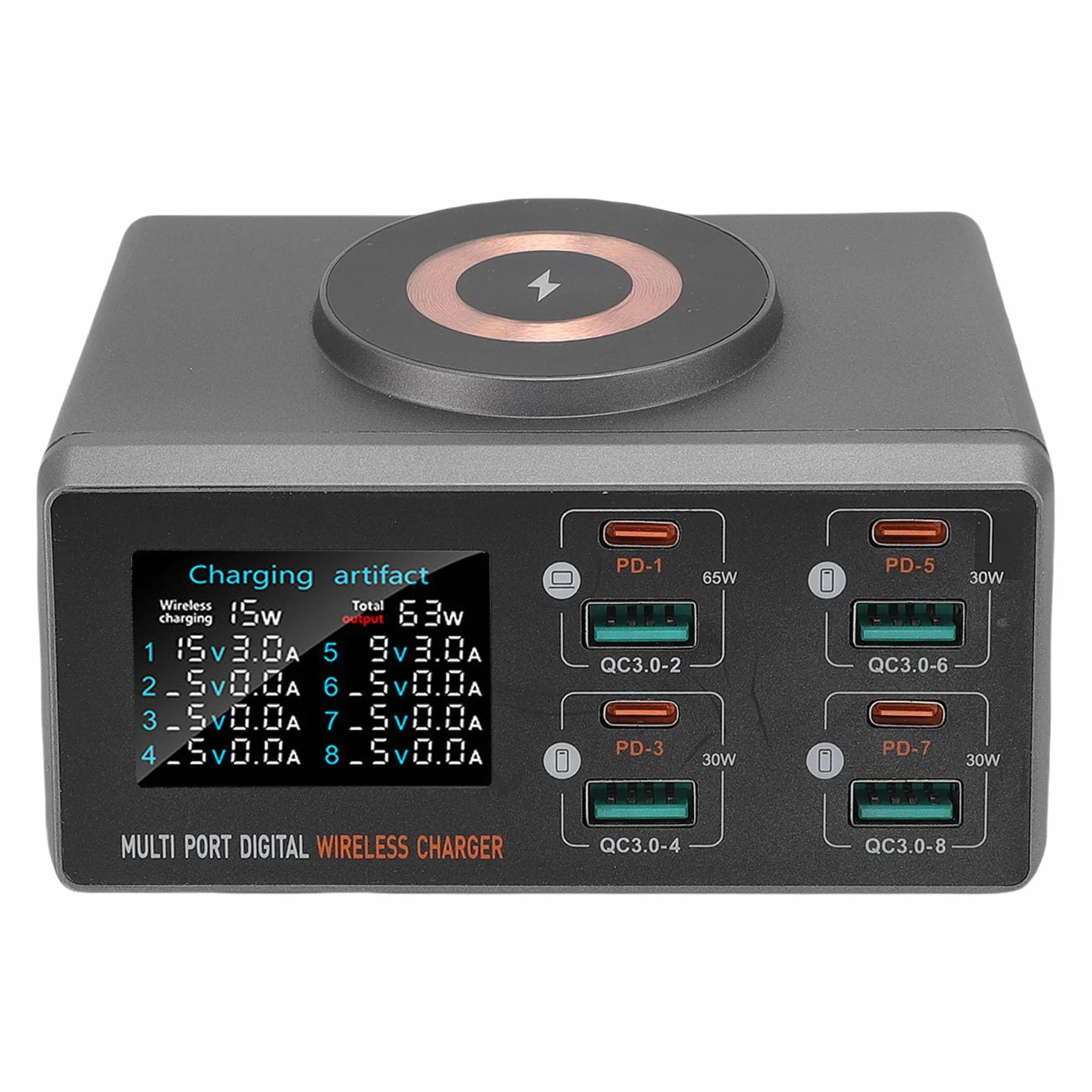 140 W Stacja ładująca, 8 Portowa ładowarka USB C z 15W bezprzewodową ładowarką, Adapter Zasilający PD + Wtyczka ścienna QC dla Telefonów, Zegarek (wtyczka UE)