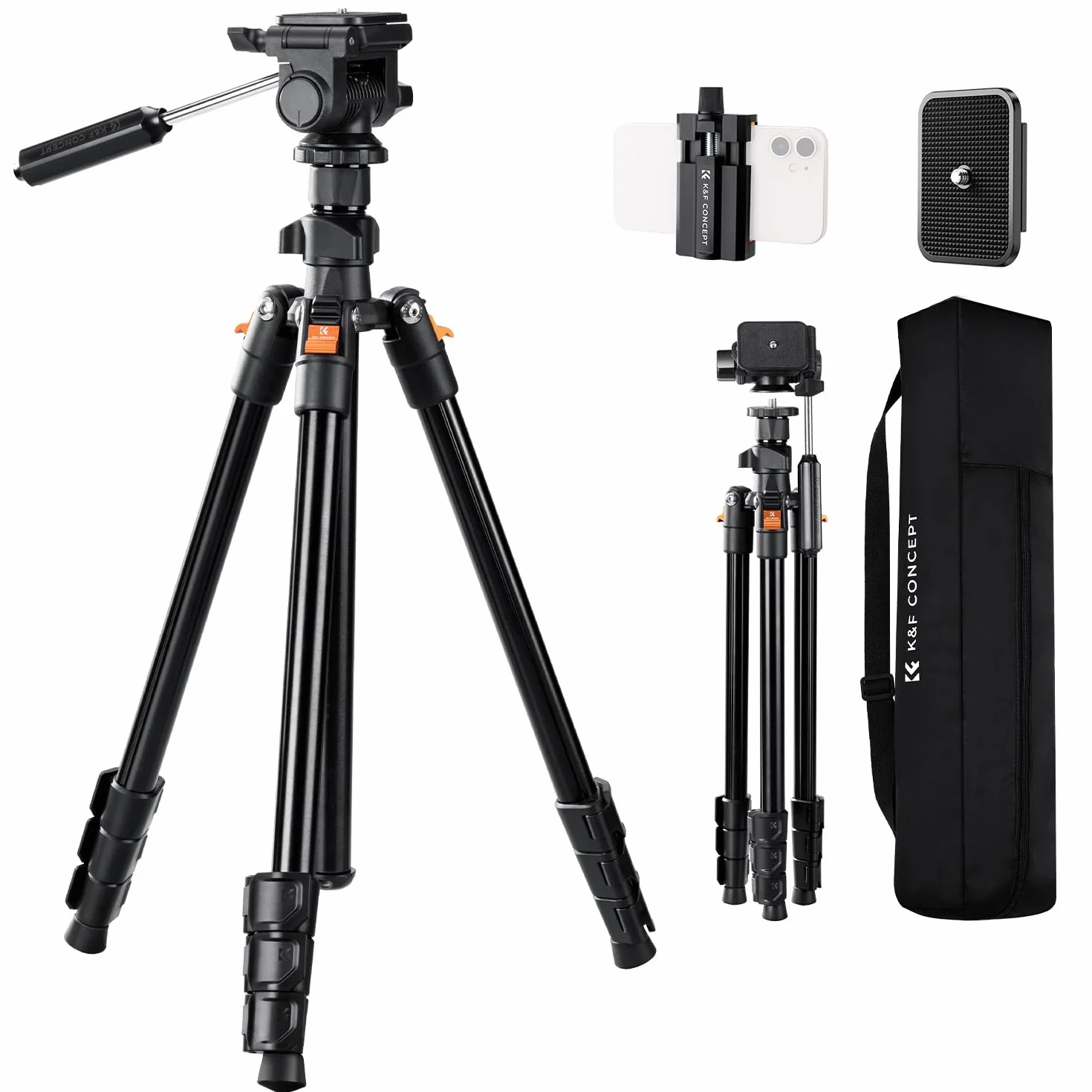 K&F Concept Statyw do aparatu, 196 cm, statyw wideo, nowy lekki statyw podróżny, tripod z 3-drożną głowicą, aluminiowy statyw do lustrzanki cyfrowej, statyw do smartfona z uchwytem na telefon