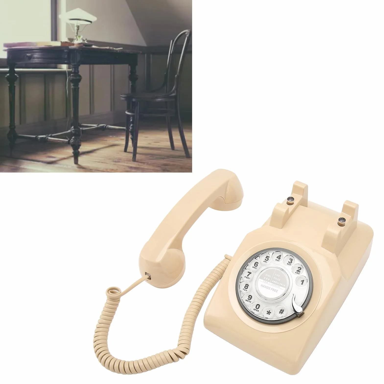 Retro Telefon obrotowy Vintage telefon stacjonarny, staroświecki telefon z obrotową tarczą z mechanicznym głośnikiem, czerwony antyczny telefon stacjonarny do domowego (Beżowy)
