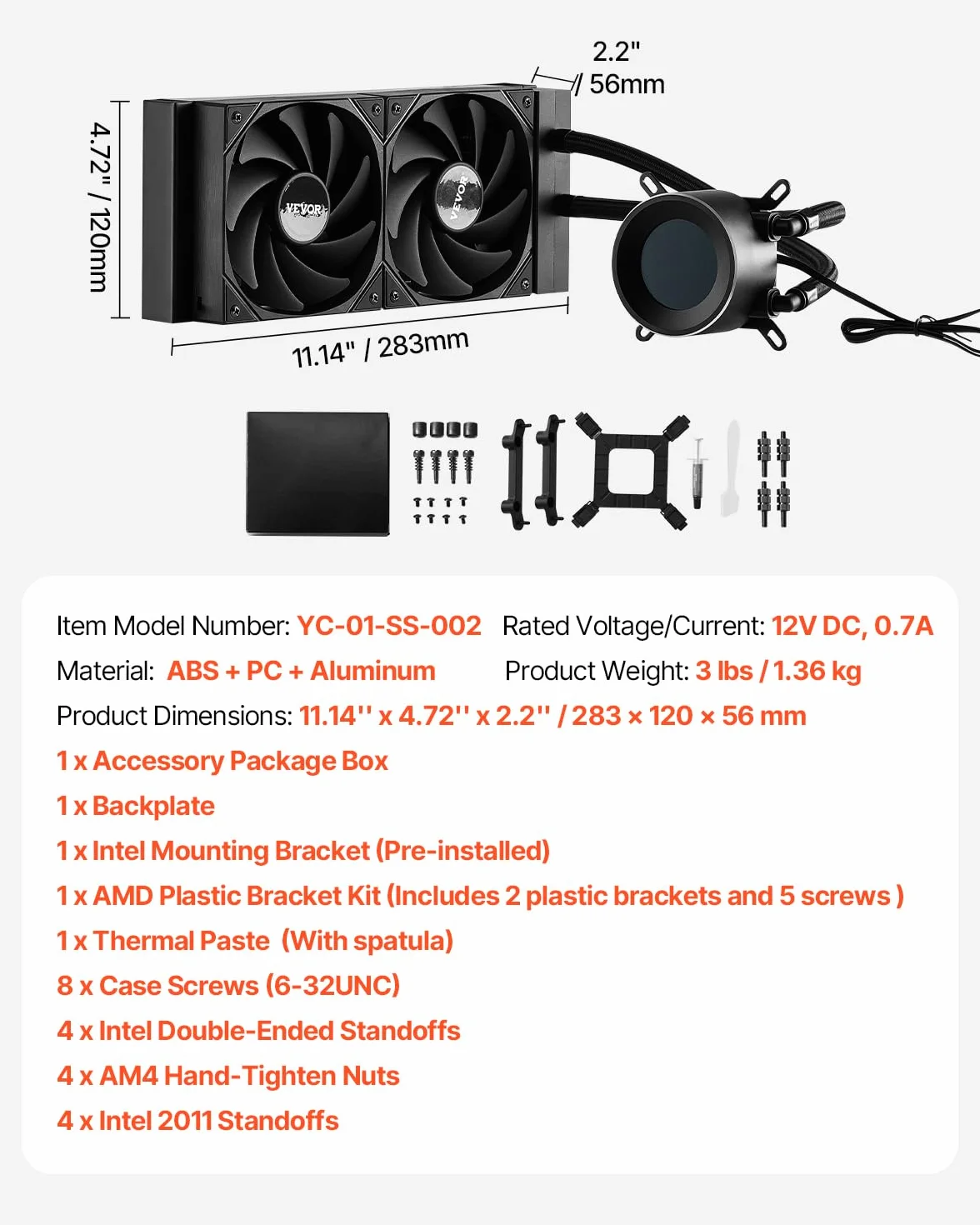 VEVOR Chłodnica wody do procesora AIO, chłodnica cieczy PC, 2 wentylatory i pompka PWN 120 mm, 1,8-calowy wyświetlacz LCD, 2200 obr./min, kompatybilny z Intel 115X/1366/2011/1700/1200, AMD AM4/AM5
