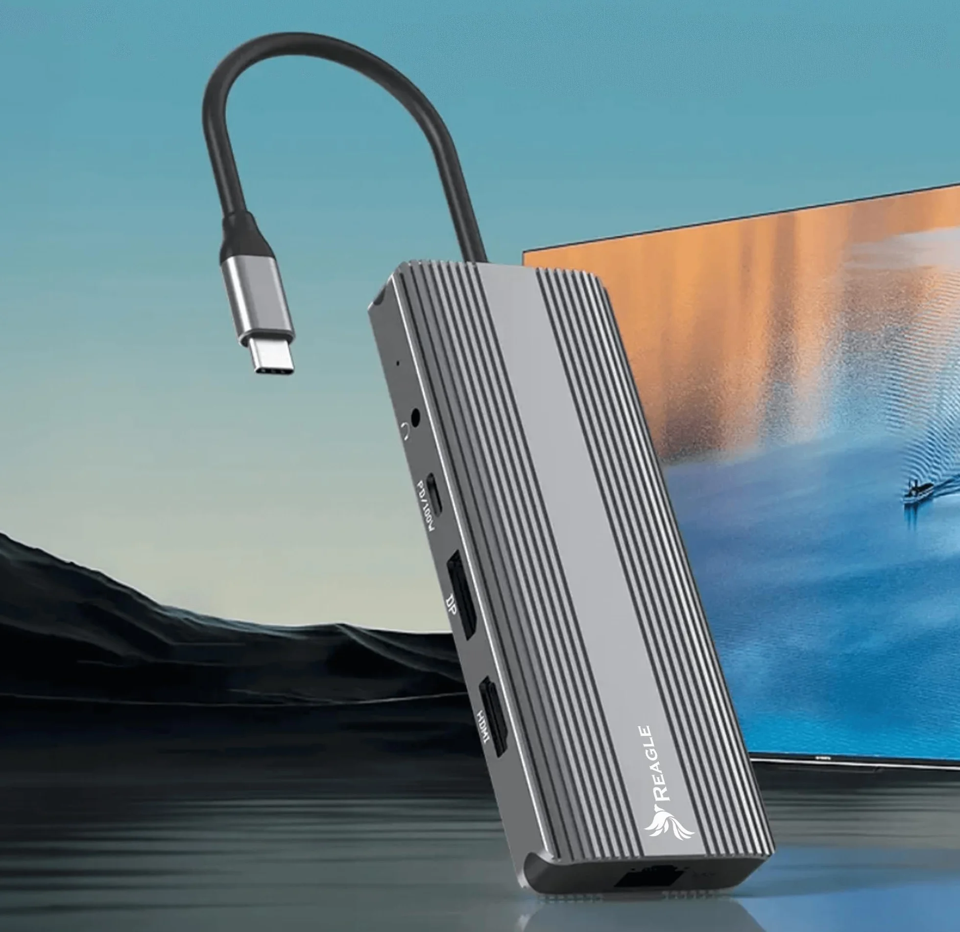 Reagle HUB USB-C 10 w 1 DisplayPort 1.4 HDMI 2.1 8K 30 Hz 4K 144 Hz 5 Gbit/s Display Port Power Delivery 100 W kabel nylonowy oplot powlekany Plug & Play (13 cm)