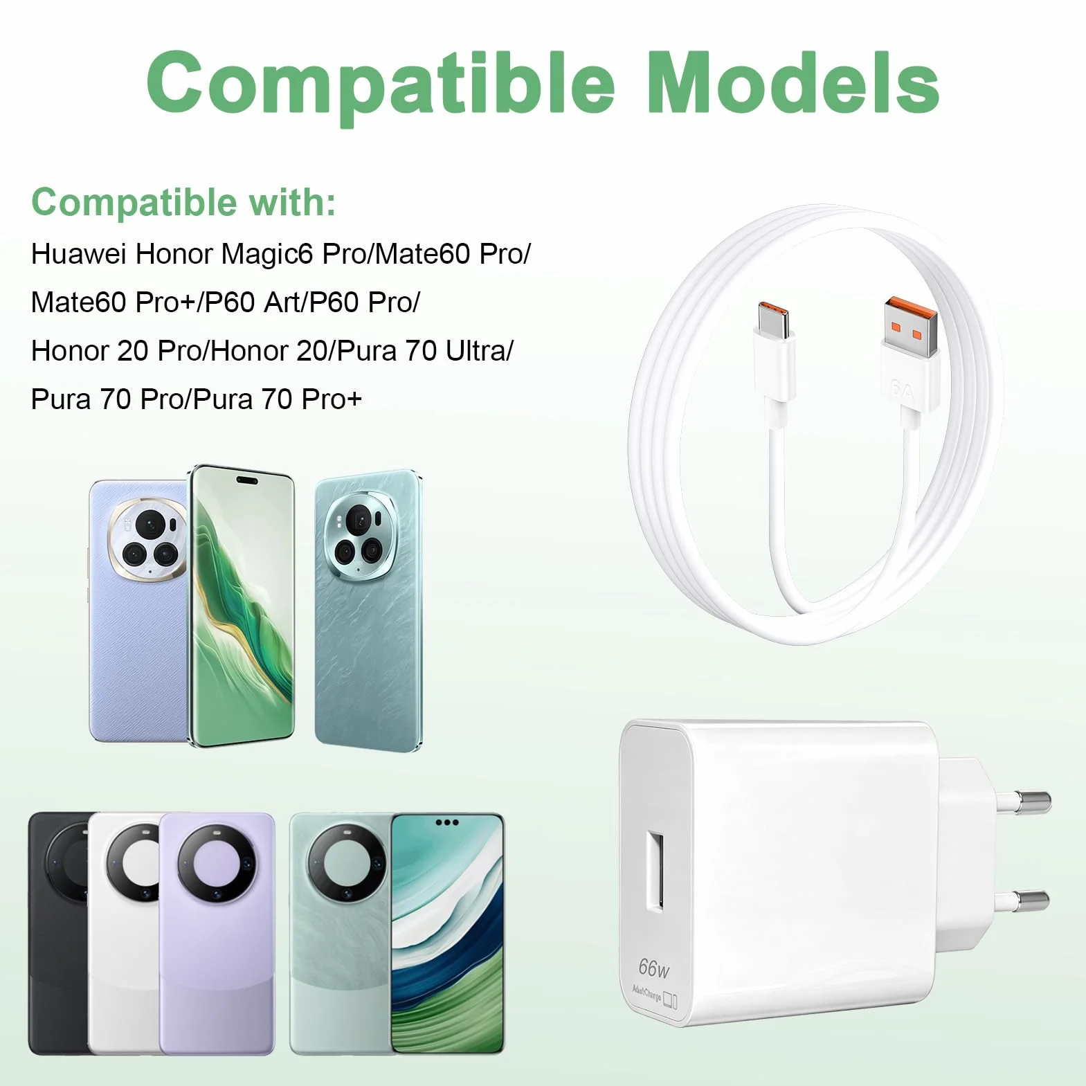 Szybka ładowarka 66 W Supercharge do urządzeń Ho-nor i Hua-wei Ładowarka z portem USB C i kablem USB C 2 m 6 A do urządzeń Ho-nor Magic 6 Pro 6 Lite/Ho-nor 200, 400 Pro/Mate 60, 40, 30, P60, P40