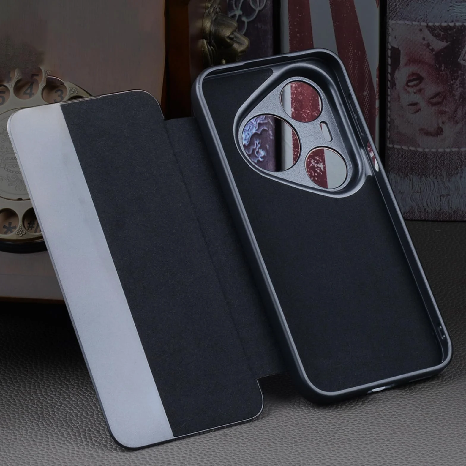 Stylowe etui do Huawei Pura 90 Pro Max/90 Pro, prawdziwa skóra, widoczne, etui z klapką, ochrona aparatu, magnetyczne zapięcie, brązowe, 90 Pro Max