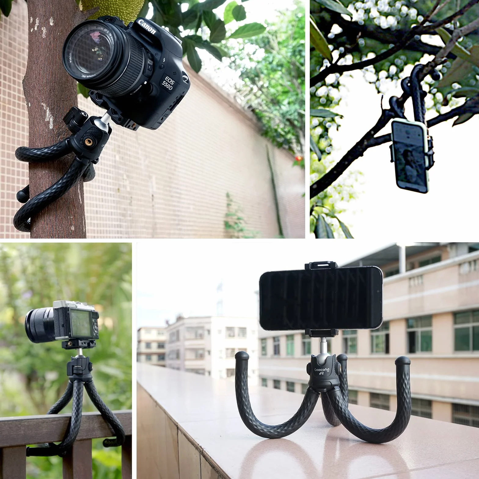 Elastyczny statyw do telefonu Goocong do smartfona, aparatu Tripod z uchwytem na telefon komórkowy obracany o 360° głowica kulowa do iPhone, Samsung Phone, Canon, Nikon