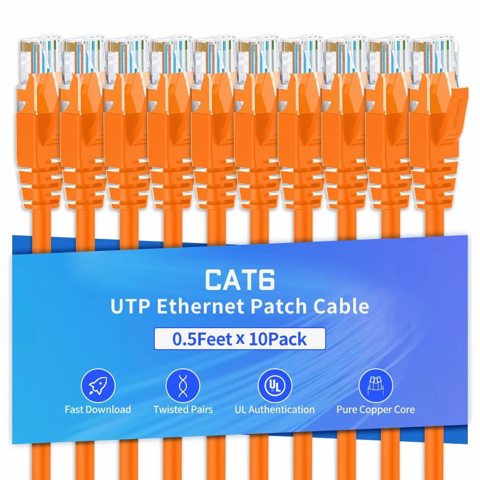10 x kabel Ethernet Cat6 1,5 m, kabel połączeniowy RJ45 Cat6, nieekranowany, pomarańczowy