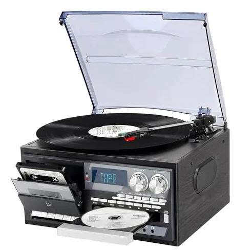 Gramofon retro Bluetooth z wbudowanymi głośnikami, 3-biegowy, odtwarzacz CD i kasetowy, matowa osłona przeciwpyłowa - do rozrywki domowej i imprezowej