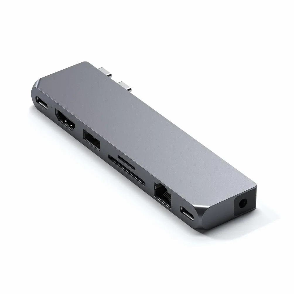 SATECHI podwójny hub USB-C Pro Max 8 w 1, gwiezdna szarość | USB4 40 Gb/s, PD 96 W, HDMI 4K@60 Hz, Ethernet, porty USB-C/USB-A 5 Gb/s, audio i czytniki kart