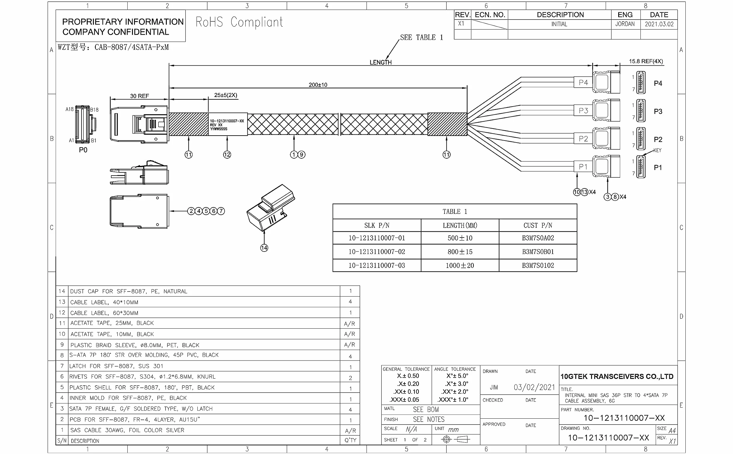 10Gtek MiniSAS SFF-8087 kabel do 4 x SATA 0,5 m do kontrolera RAID