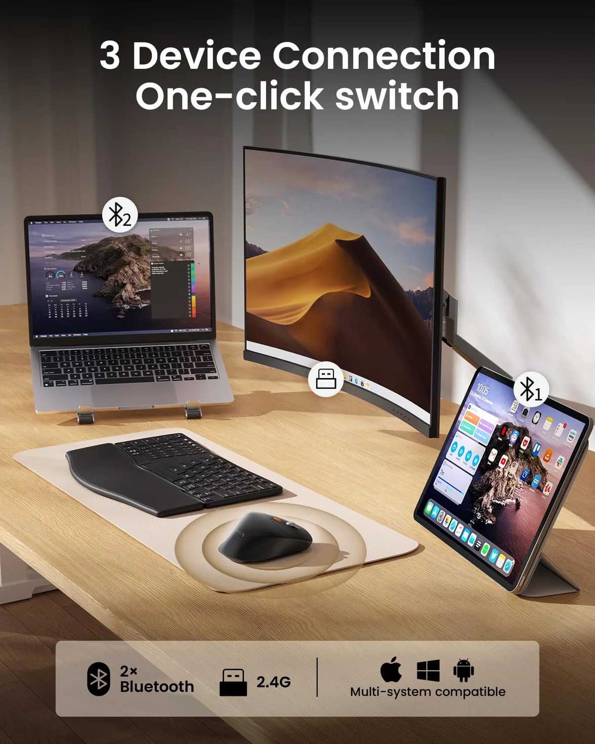 ProtoArc EM25 Ergonomiczna mysz z szybkim przewijaniem, bezprzewodowa 2,4 G + 2 x mysz komputerowa Bluetooth, przewijanie kciukiem, niestandardowy przycisk, akumulatorowa, 8K DPI, do Windows/Mac