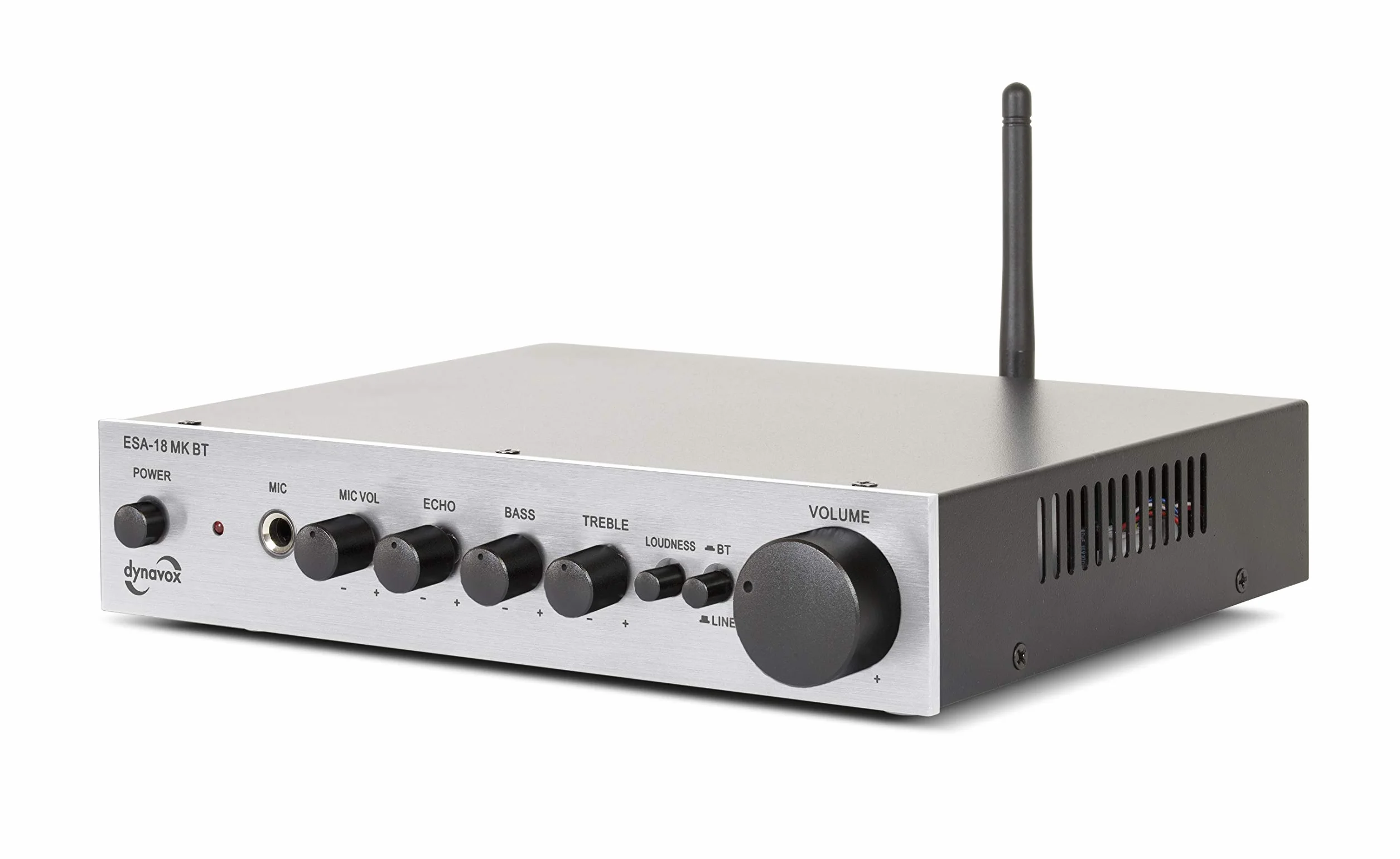 Dynavox ESA-18 MK BT, kompaktowy wzmacniacz stereo, przykręcane terminale przyłączeniowe do głośników, zintegrowana antena BT i wejście mikrofonowe, srebrny
