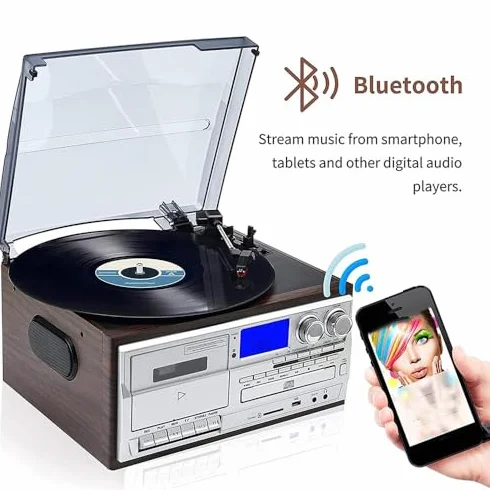 Gramofon retro Bluetooth z wbudowanymi głośnikami, 3-biegowy, odtwarzacz CD i kasetowy, matowa osłona przeciwpyłowa - do rozrywki domowej i imprezowej