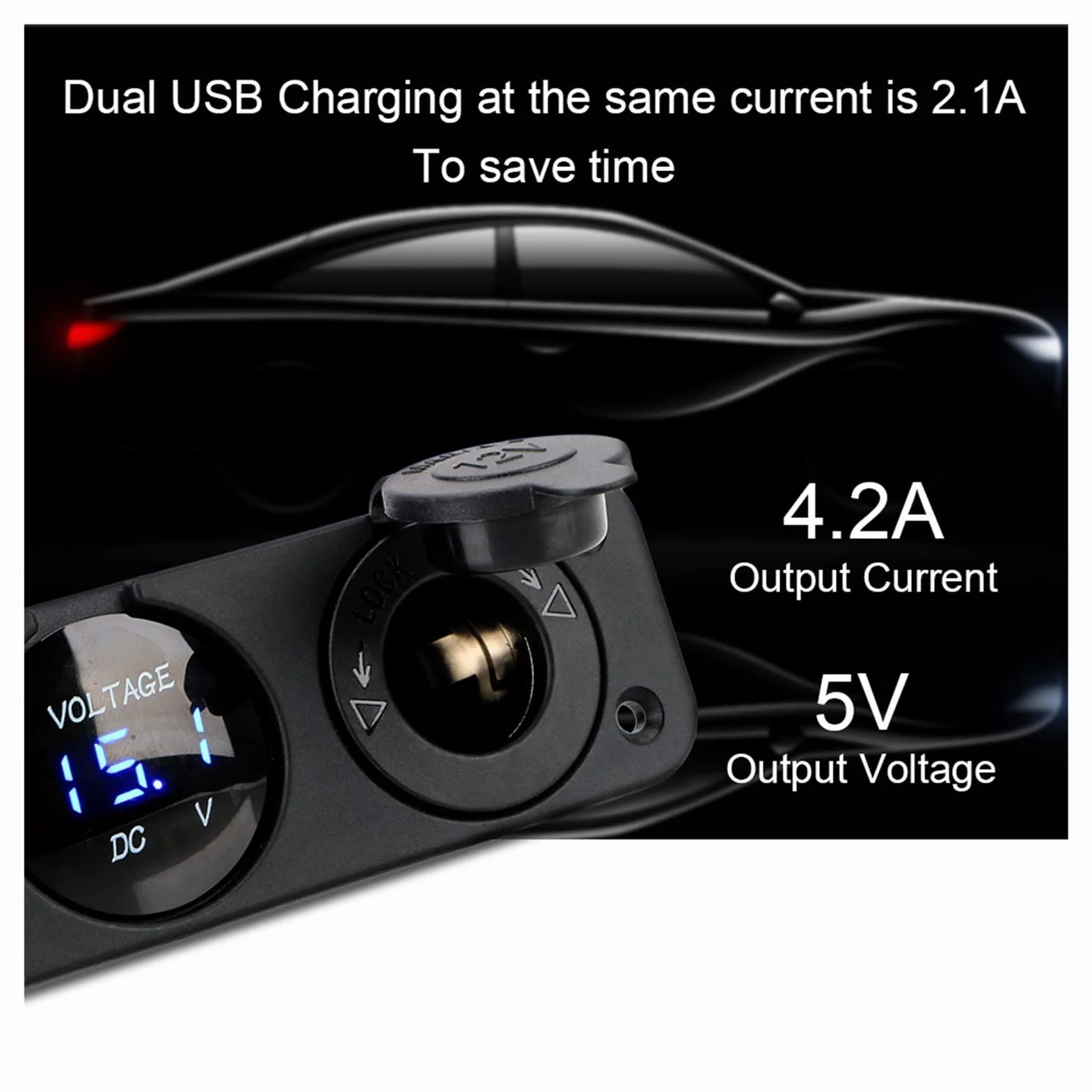 Ładowarka do gniazda zapalniczki samochodowej 12/24 V, woltomierz samochodowy, podwójny adapter USB 4,2 A, szybka mobilna zapalniczka