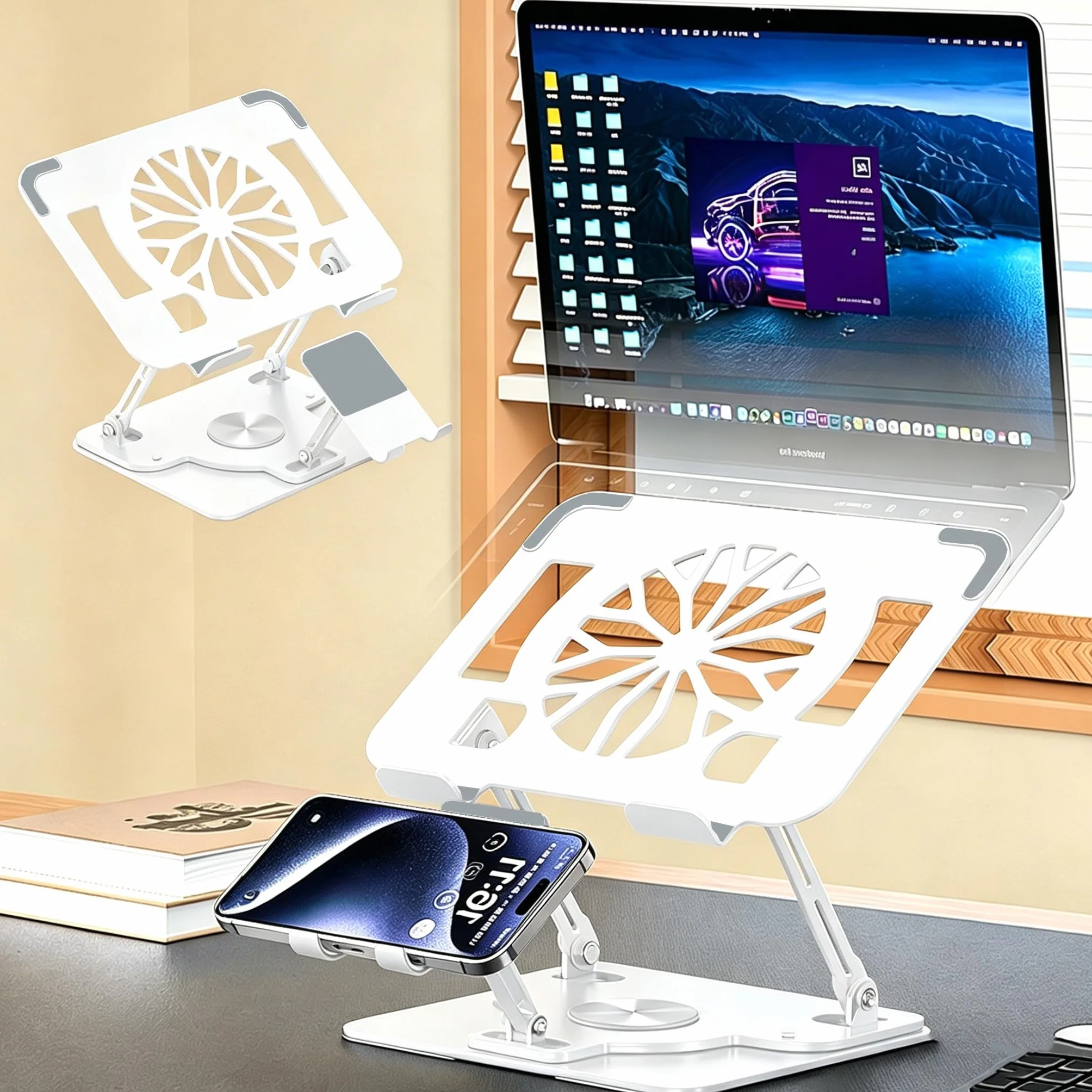 Podstawka chłodząca do laptopa, Chłodząca podstawka pod laptopa Czarny Biały 360° Obrotowy Wysokość 30 cm 17-calowy laptop Dwuosiowy składany | A