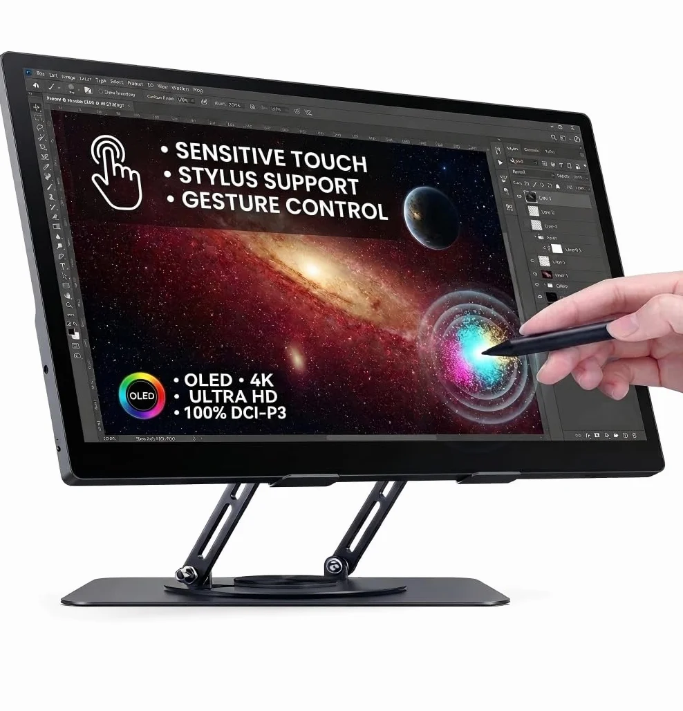 Pro Przenośny monitor z ekranem dotykowym 4K OLED 39.6 cm, 100% AdobeRGB, ΔE<2, metalowy obrotowy stojak, składana inteligentna obudowa i rysik, bardzo dokładny kolor do fotografii, edycji