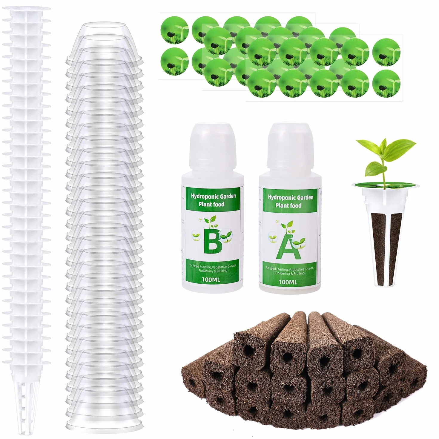 122 szt. Zestaw Straków Nasion, Akcesoria Hydroponiczne do Uprawy Zestaw do Uprawy Wszystkiego z 30 Gabkami do Uprawy, 30 Koszy do Uprawy, 30 Kopul do Uprawy, 2 100 Ml Pokarmu dla Roslin