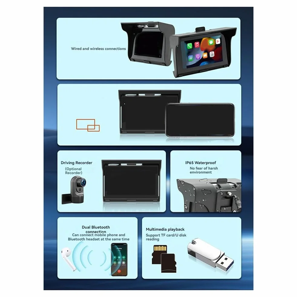 5-calowy odtwarzacz MP5 przenośny motocykl nawigator GPS bezprzewodowy Carplay IP65 wodoodporny multimedialny odtwarzacz Bluetooth Carplay
