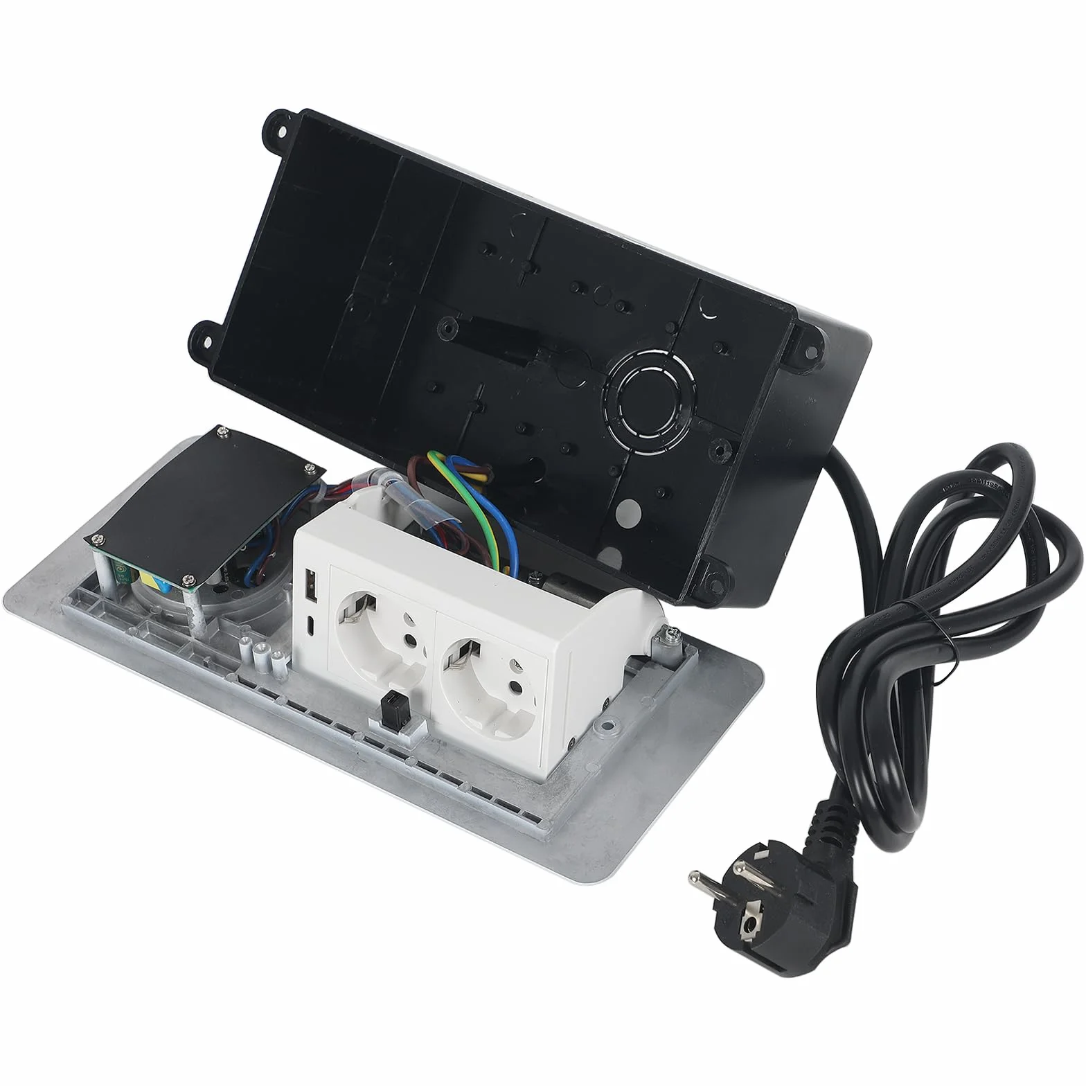 Wysuwane gniazdko elektryczne, 2 gniazda do zabudowy, z USB i bezprzewodową ładowarką 15 W, typ C, 20 W, białe gniazdko do biura, na blat roboczy