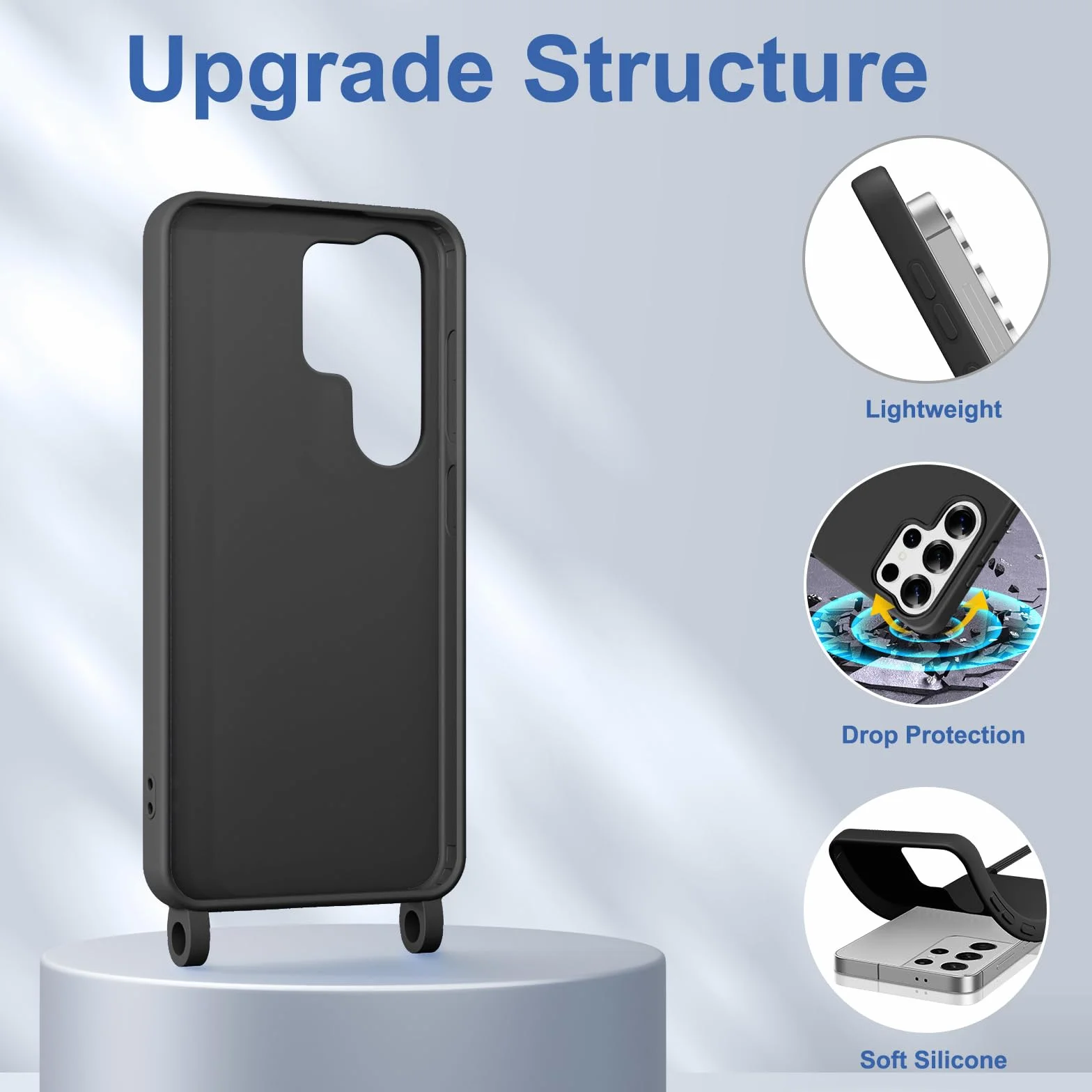Etui na Samsung Galaxy S26 Ultra ze smyczą, silikonowe etui naszyjnik z paskiem na szyję, przenośne, regulowane, odporne na wstrząsy etui typu bumper do S26 Ultra z łańcuszkiem, Czarny