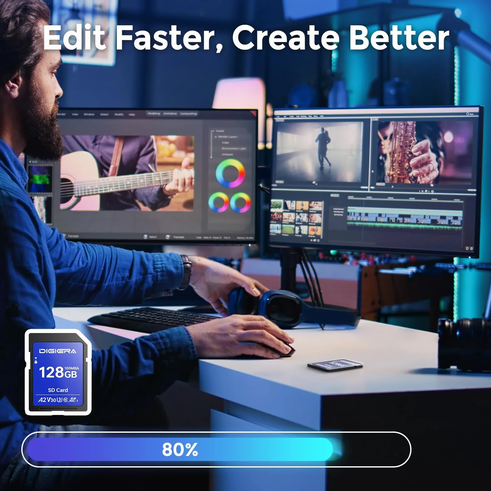 DIGIERA Karta pamięci 128 GB CS100 SDXC UHS-I – do 100 MB/s, C10, U3, V30, 4K UHD, karta SD do komputerów, aparatów cyfrowych, urządzeń kina domowego, systemy nawigacji samochodowej (2 sztuki)