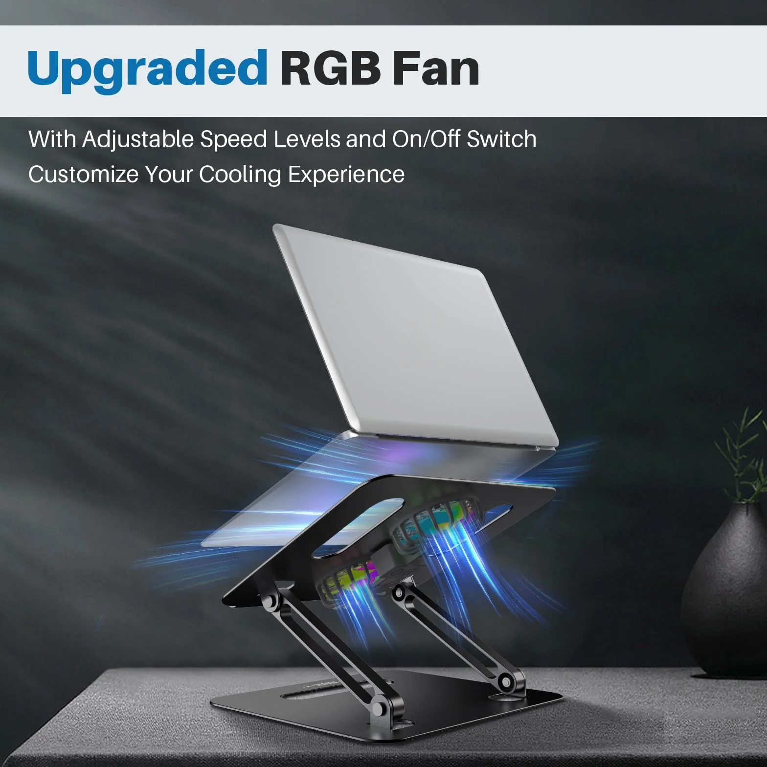 YICOSUN Regulowany stojak chłodzący na laptopa z 2 cichymi wentylatorami i oświetleniem RGB, stop aluminium i składana, ergonomiczna konstrukcja do MacBooka, Lenovo, ASUS, Dell 25-40.6 cm, idealny do