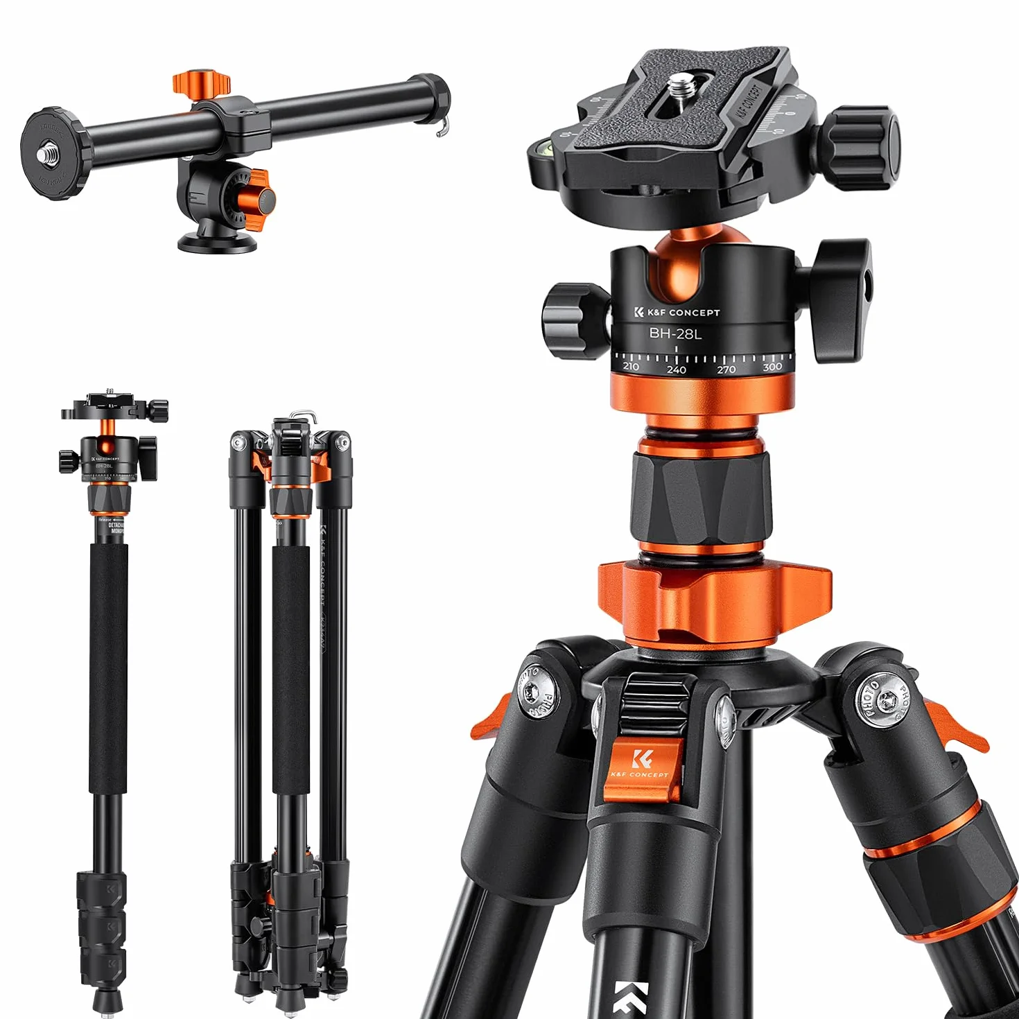 K&F Concept Statyw 200 cm, statyw do aparatu, tripod z kolumną środkową 90°, funkcja statywu jednonożnego, głowica kulowa 360° i gwint 1/4" do lustrzanki cyfrowej
