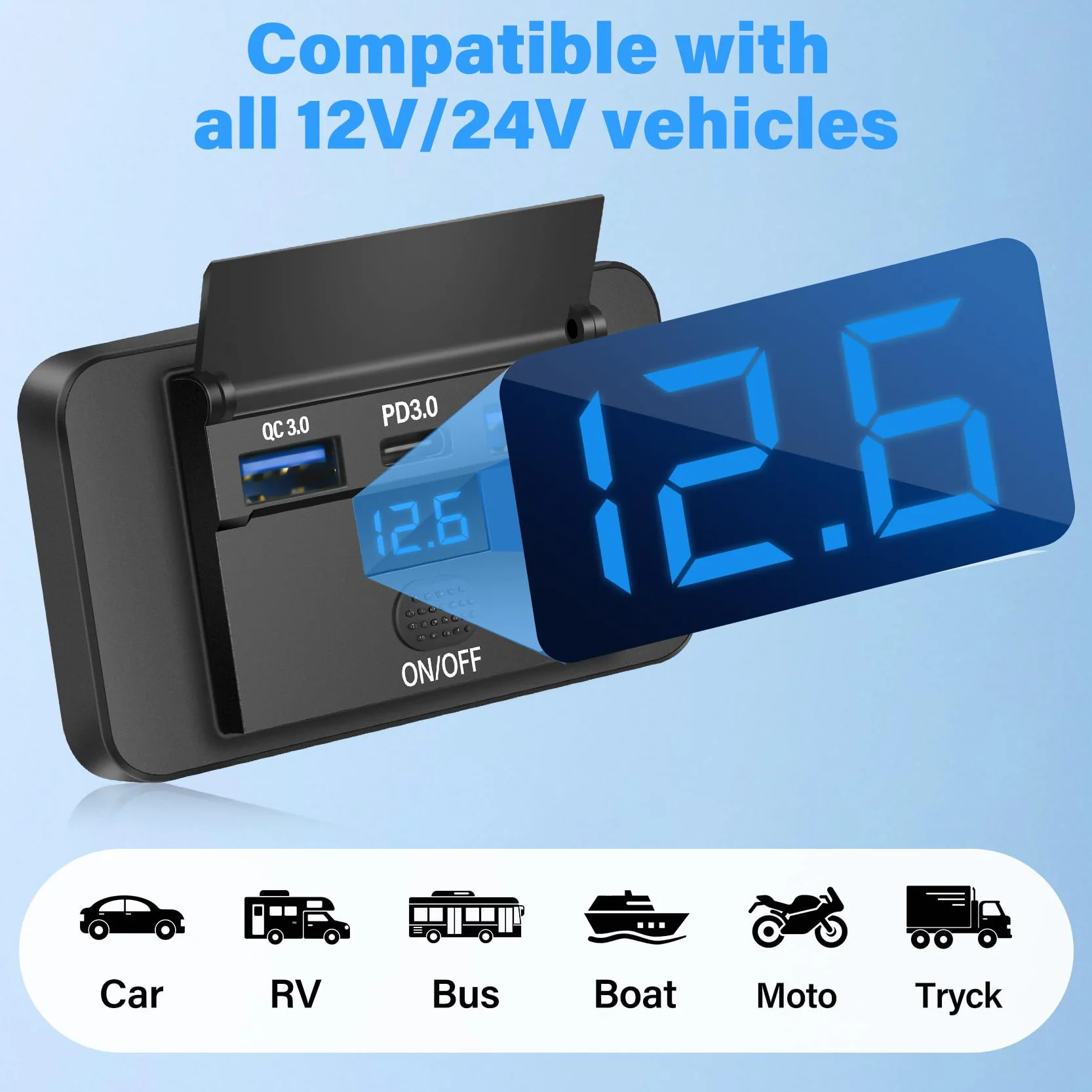 Gniazdko USB 12 V do przyczepy kempingowej 66 W, ładowarka samochodowa, szybkie ładowanie, KKMOL 2 sztuki, Dual PD3.0 USB i QC3.0 USB C
