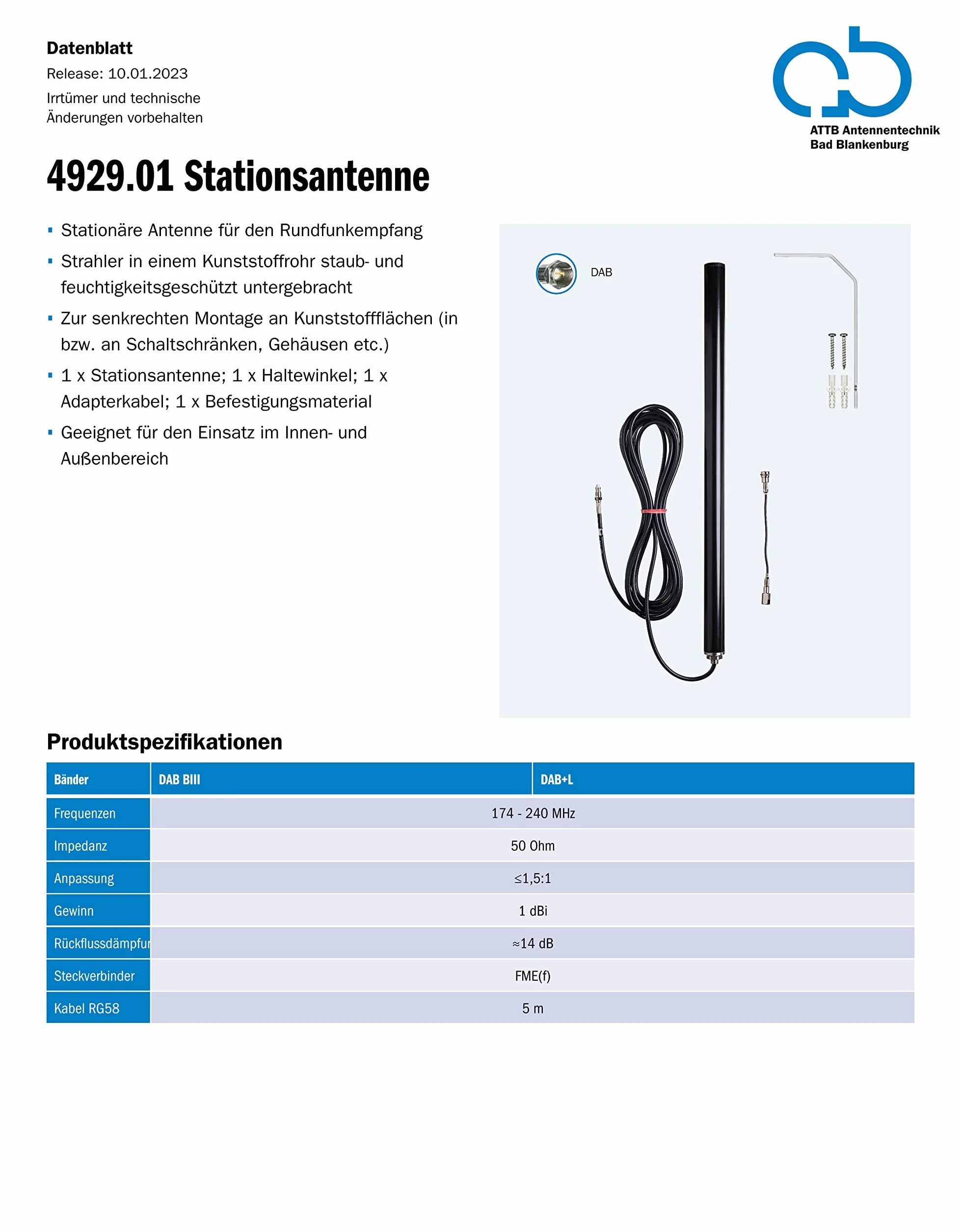 ATTB 4929.01 antena stacjonarna (DAB+), technologia anteny Bad Blankenburg - antena stacjonarna do montażu na powierzchniach pionowych, do użytku wewnątrz i na zewnątrz, w zestawie kątownik mocujący, 5 m, RG 58