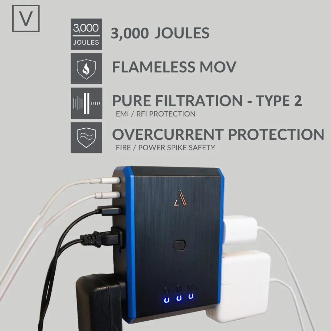 Przedłużacz gniazdka z serii V, 4 gniazdka, listwa zasilająca, 2 USB C i 1 zasilacz USB A 2,4 A 20 W, 3000 J Multi Plug EMI/RFI, 5 lat na komponenty