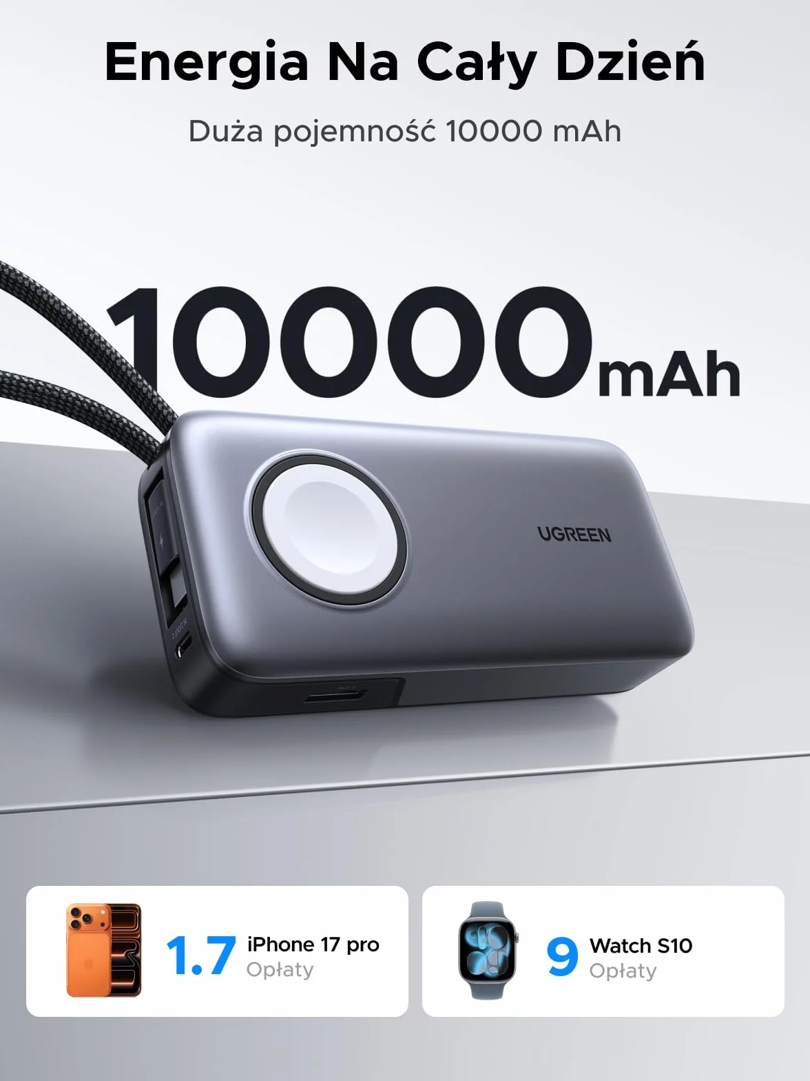 UGREEN Nexode 10000mAh Power Bank for iWatch (5W) z USB-C 30W | Oficjalnie Certyfikowane, Zintegrowany Kabel, Ekran LED, iPhone 17-12, do podróży i dojazdów do pracy