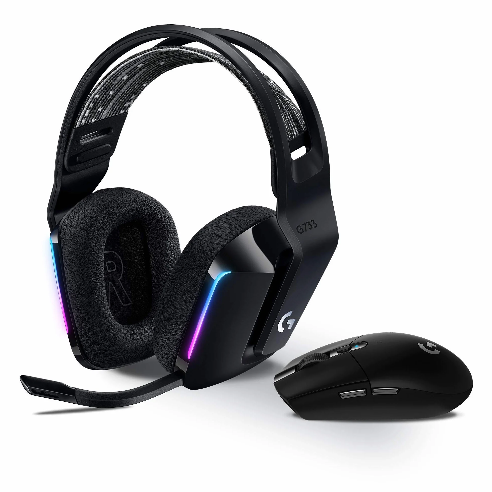 Logitech G G305 LIGHTSPEED, Bezprzewodowa mysz gamingowa, czujnik HERO, 12000 DPI, lekka,bateria 250 godzin, G733 LIGHTSPEED Bezprzewodowy zestaw słuchawkowy do gier RGB z zawieszanym pałąkiem-Czarny