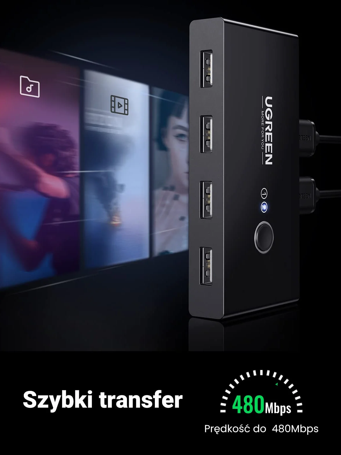 UGREEN USB 2.0 Przełącznik, Przełącznik Udostępniania 2 w 4 z 2 Kablami USB 2.0 do Drukarki, Skanerów, Zewnętrznych Dysków Twardych itp.