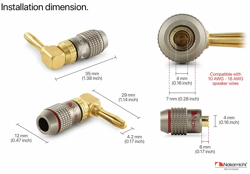 Nakamichi FanLock Wtyk kątowa 90 stopni bananowy platerowany 24-karatowym złotem 10 AWG - 18 AWG Rozmiar miernika 4 mm dla głośników Wzmacniacz Kino domowe Kabel Szybkozłącze, 2 Sztuki (1-Para)