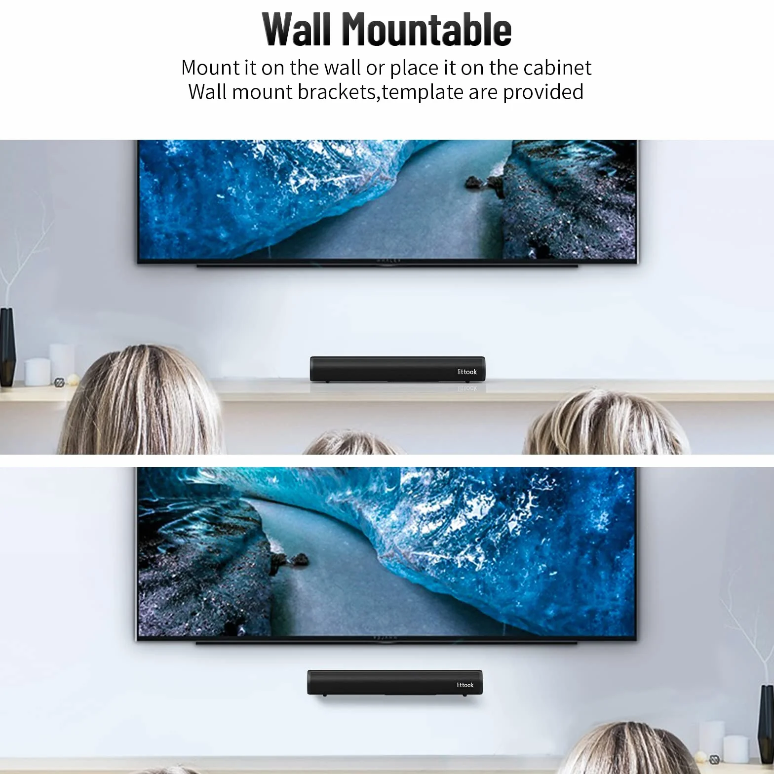 LITTOAK Listwa dźwiękowa do telewizora, BT 5.0, soundbar, 50 W, 40 cm, do domowego audio, gier, projektorów, głośników telewizyjnych, obsługuje złącze HDMI ARC/Optical/RCA/USB/AUX, do montażu na