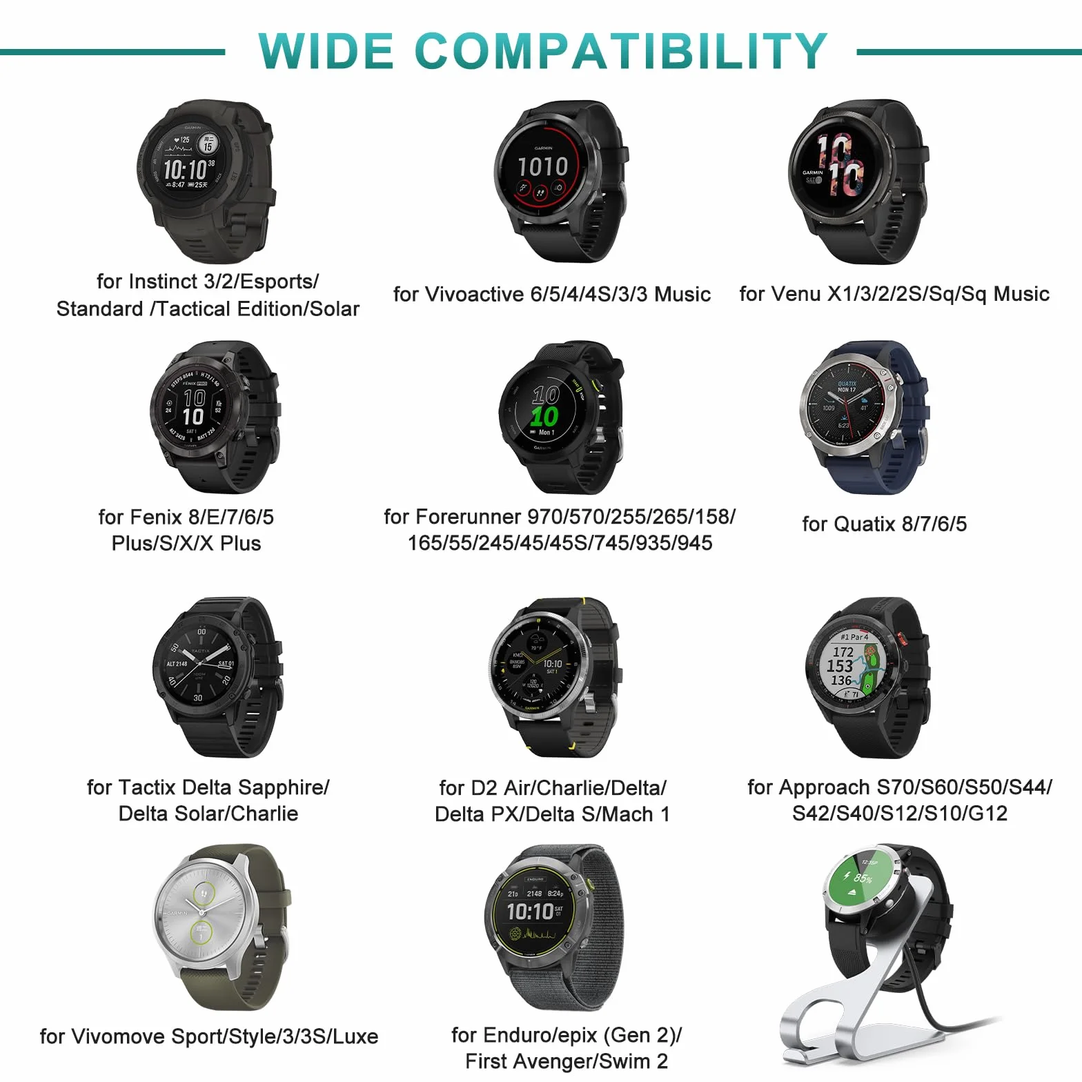 Stacja ładująca Garmin Fenix 8 7 7S 7X 6 6S 6X 5 5S 5X Plus, Venu 2/2 Plus/3/Sq/Sq 2, ładowarka zastępcza USB A 100 cm