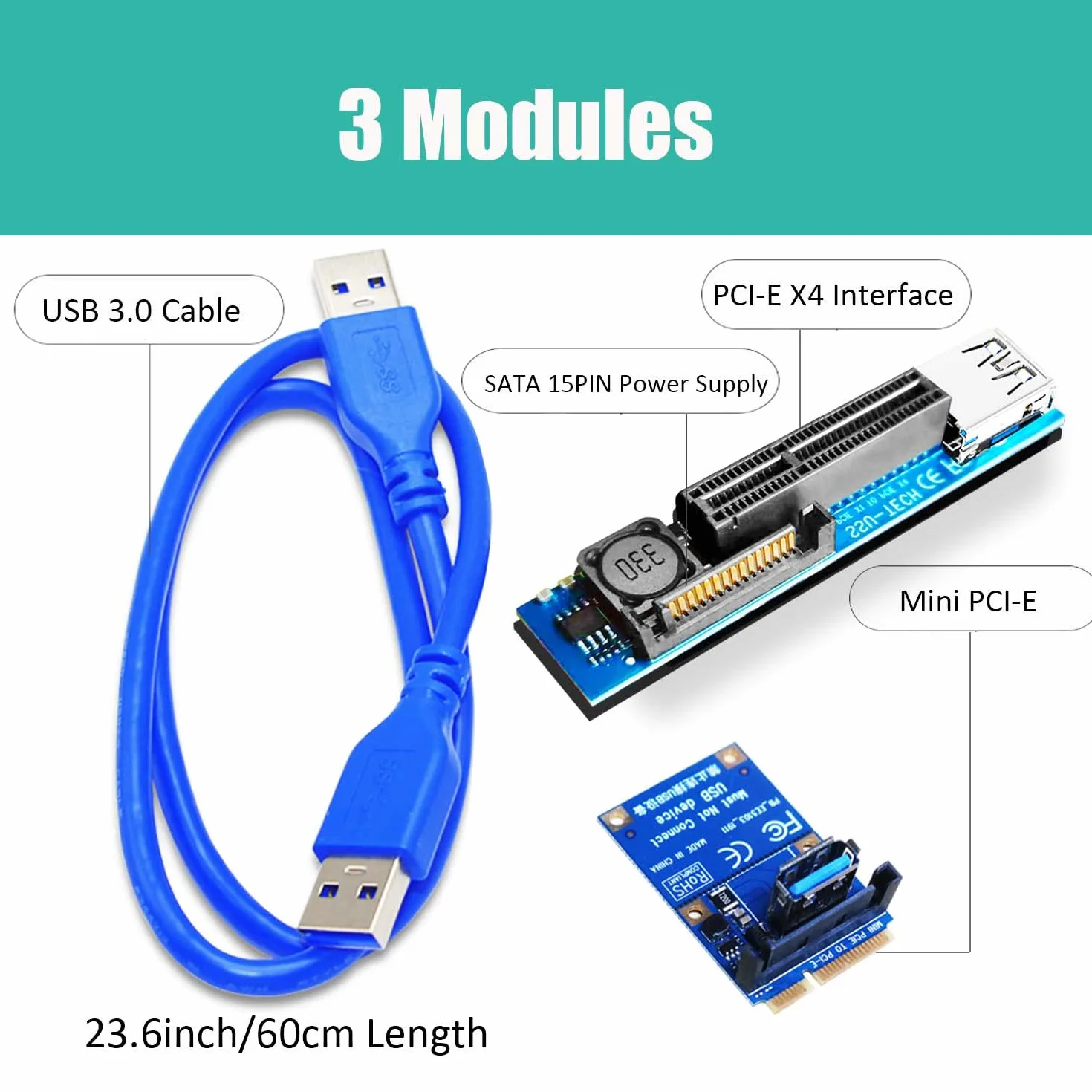GLOTRENDS UEX105 600 mm Mini PCIe do PCIe X4 Kabel Riser (PCIe 3.0 X1 Speed), do kart PCIe WiFi, kart M.2 PCIe, kart USB PCIe, kart dźwiękowych itp.
