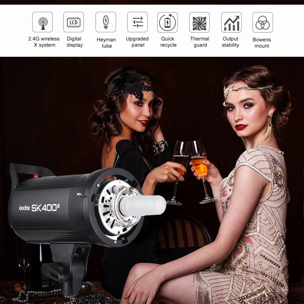 Godox SK400II Profesjonalna, kompaktowa lampa błyskowa 400 W, zintegrowany system Godox 2,4 G, Wireless-X, GN65 5600 K, z lampą nastawczą 150 W, do portretów produktów e-commerce, fotografii