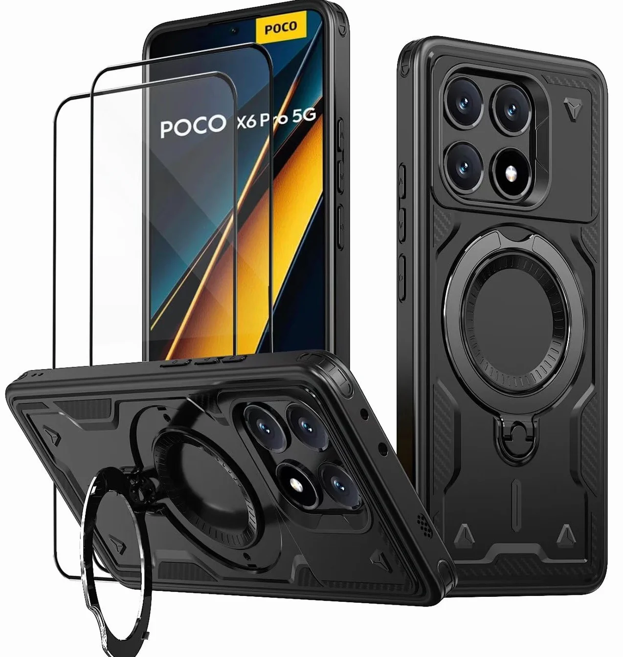 Etui na Xiaomi Poco X6 Pro 5G ze szkłem hartowanym*2, etui ochronne na smartfona z obrotowym pierścieniem - Odporny na wstrząsy czarny zderzak