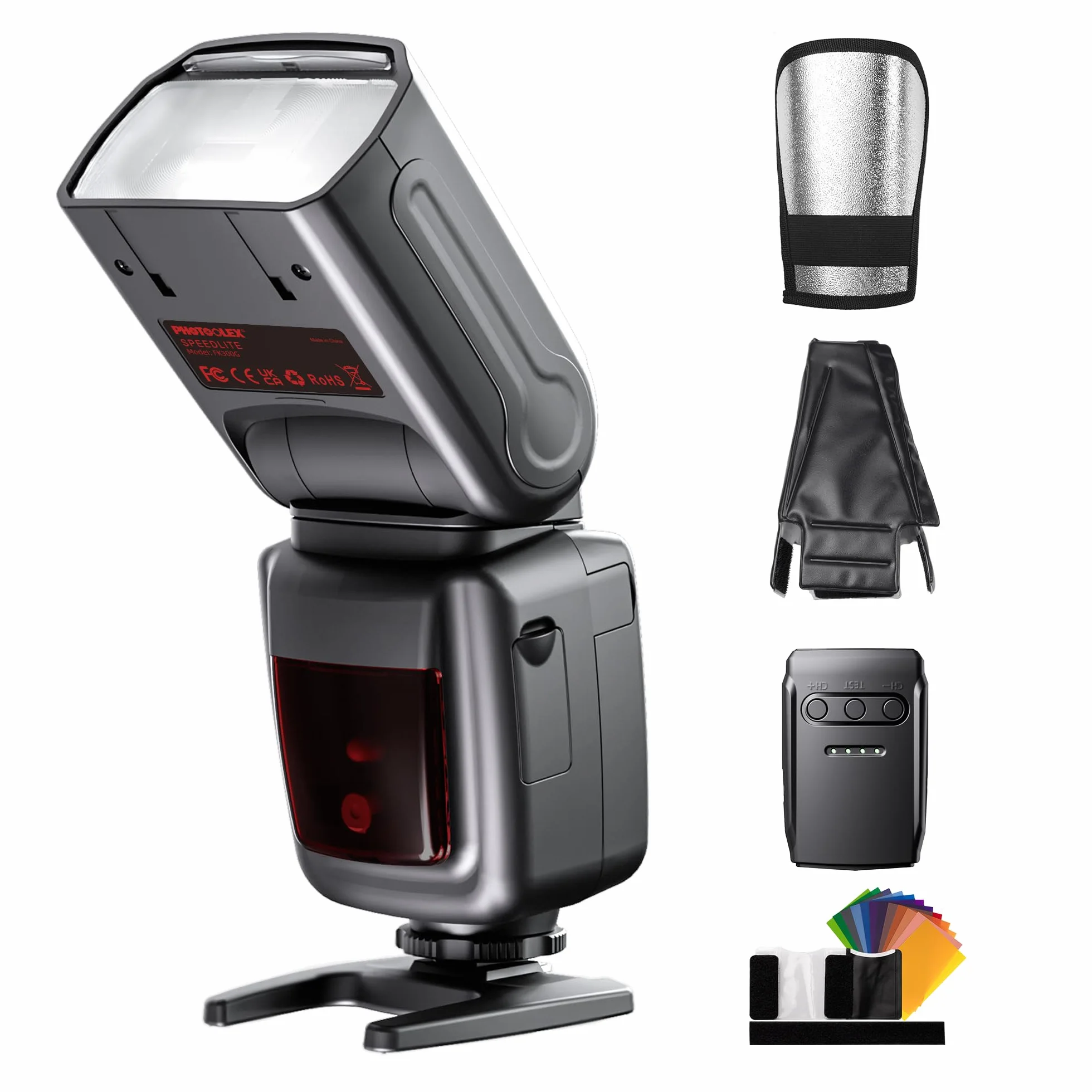 PHOTOOLEX FK300G Lampa błyskowa Speedlite GN33 z wyzwalaczem | Uniwersalna stopka do butów Canon, Nikon, Sony, Fuji. Bezprzewodowe 2,4 G, 8 poziomów mocy, tryby M/S1/S2