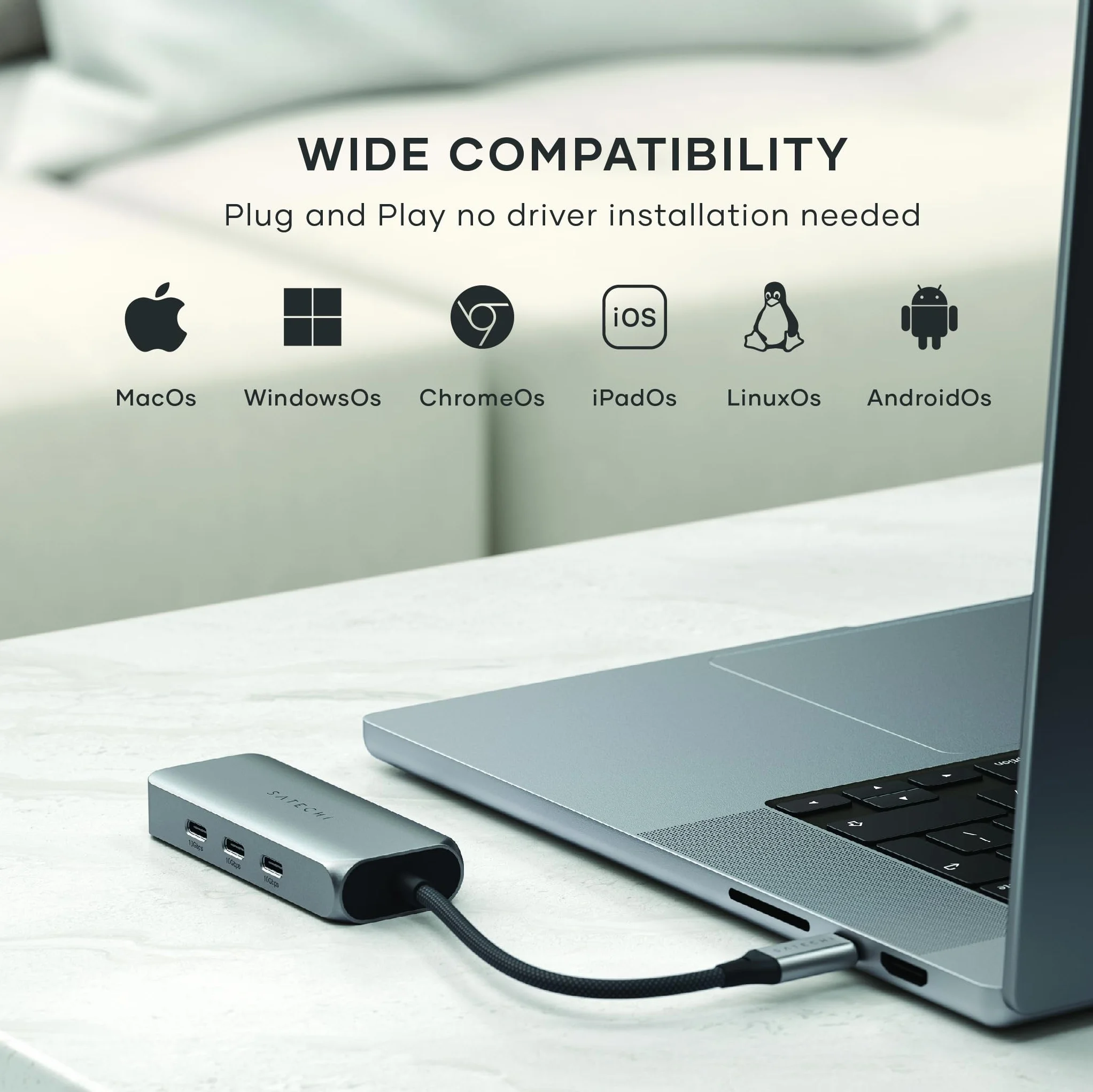 SATECHI hub USB-C 4 w 1 z portem Ethernet 2,5 Gb/s | 3 porty USB-C 3.2 do 10 Gb/s, port Ethernet 2,5 Gb/s, Plug and Play, do MacBooka, laptopów i iPada