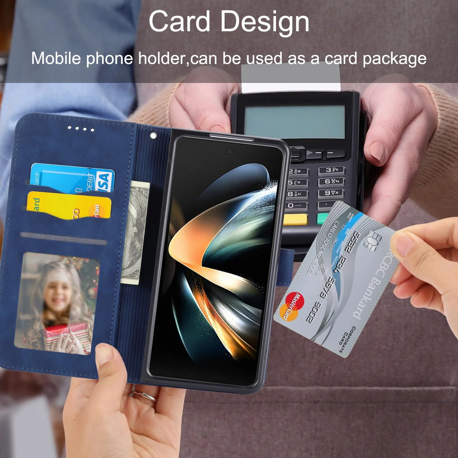 Portfel ochronny do Samsunga Galaxy Z Fold 5, skórzane etui z klapką z paskiem na nadgarstek, miejsce na kartę, pełna ochrona ciała, etui na telefon komórkowy, niebieski