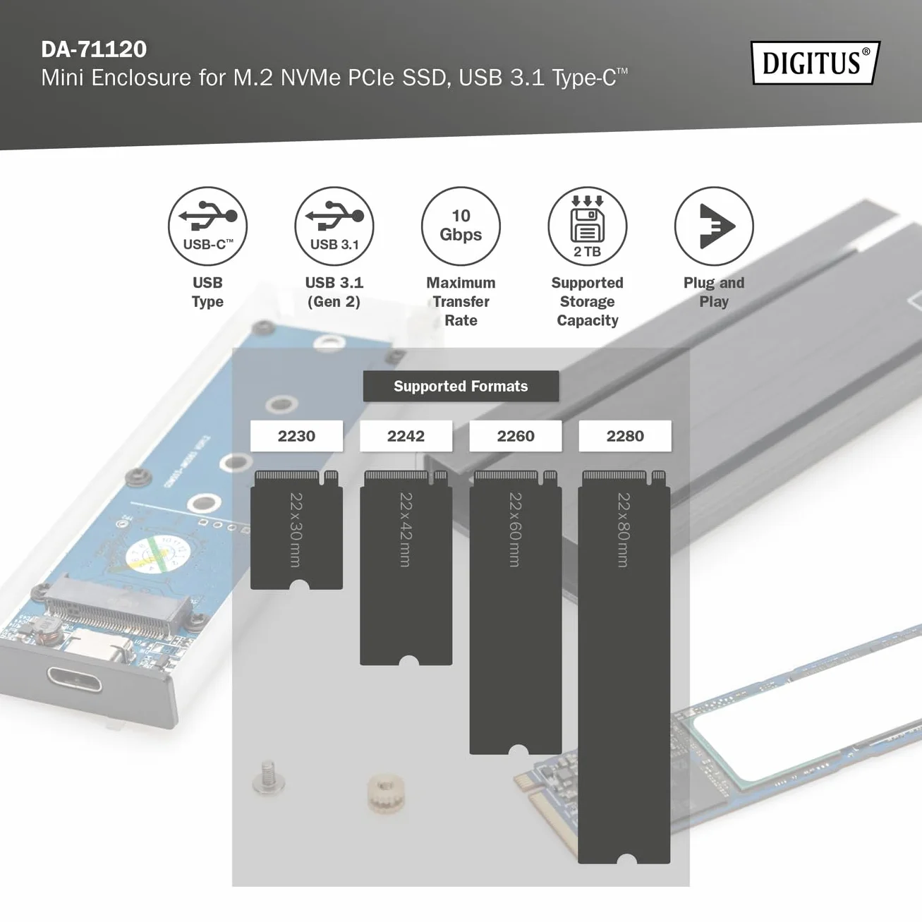 DIGITUS Zewnętrzna obudowa USB typu C 3.1 do dysków SSD M.2 NVMe - moduł M.2 typu 2280, 2260, 2242, 2230 - M/B+M-Key - do 10 Gbit/s - z kablem USB-C - Czarny