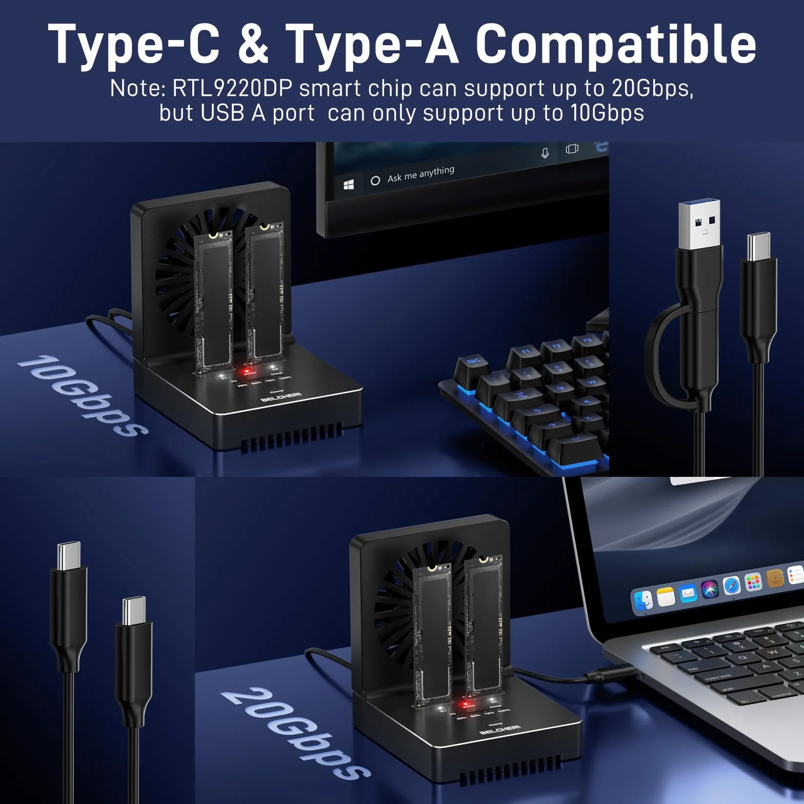 M.2 NVMe SATA SSD Cloner Dock, USB 3.2 Gen 2 20 Gbit/s, ze składanym wentylatorem chłodzącym, obsługuje klonowanie offline, UASP i Trim, aluminiowa konstrukcja