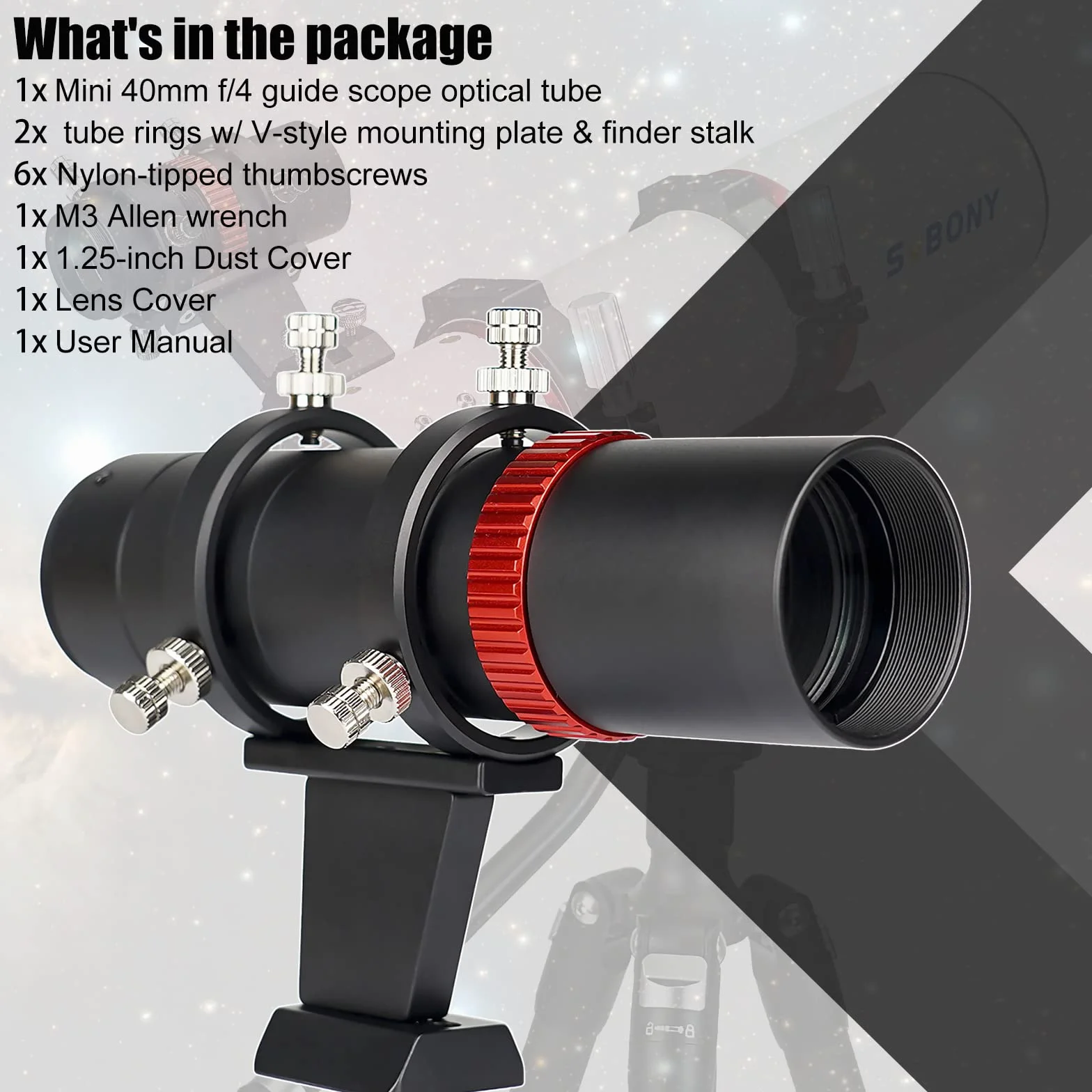 Svbony SV165 Mini Guide Scope 40F4, 1,25 Cala Powłoka FMC | ze Spiralnym Focuser Wyrównanie Współosiowe Regulowane, Obróbka CNC ze Stopu, Kompatybilny z ZWO QHY Auto Guide Camera