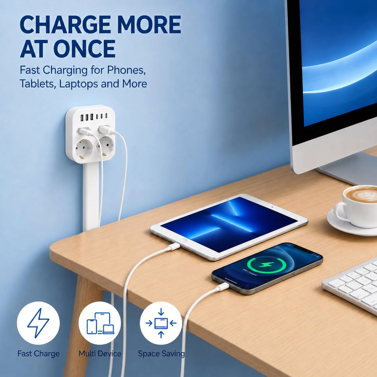 Przedłużenie gniazdka wtykowego, wysuwane, 45-65 cm, rozszerzalna listwa zasilająca | Z 3 USB-C i USB-A, obracany o 360° do sofy, łóżka, biurka, płaskiego gniazdka z ochroną przed przepięciem