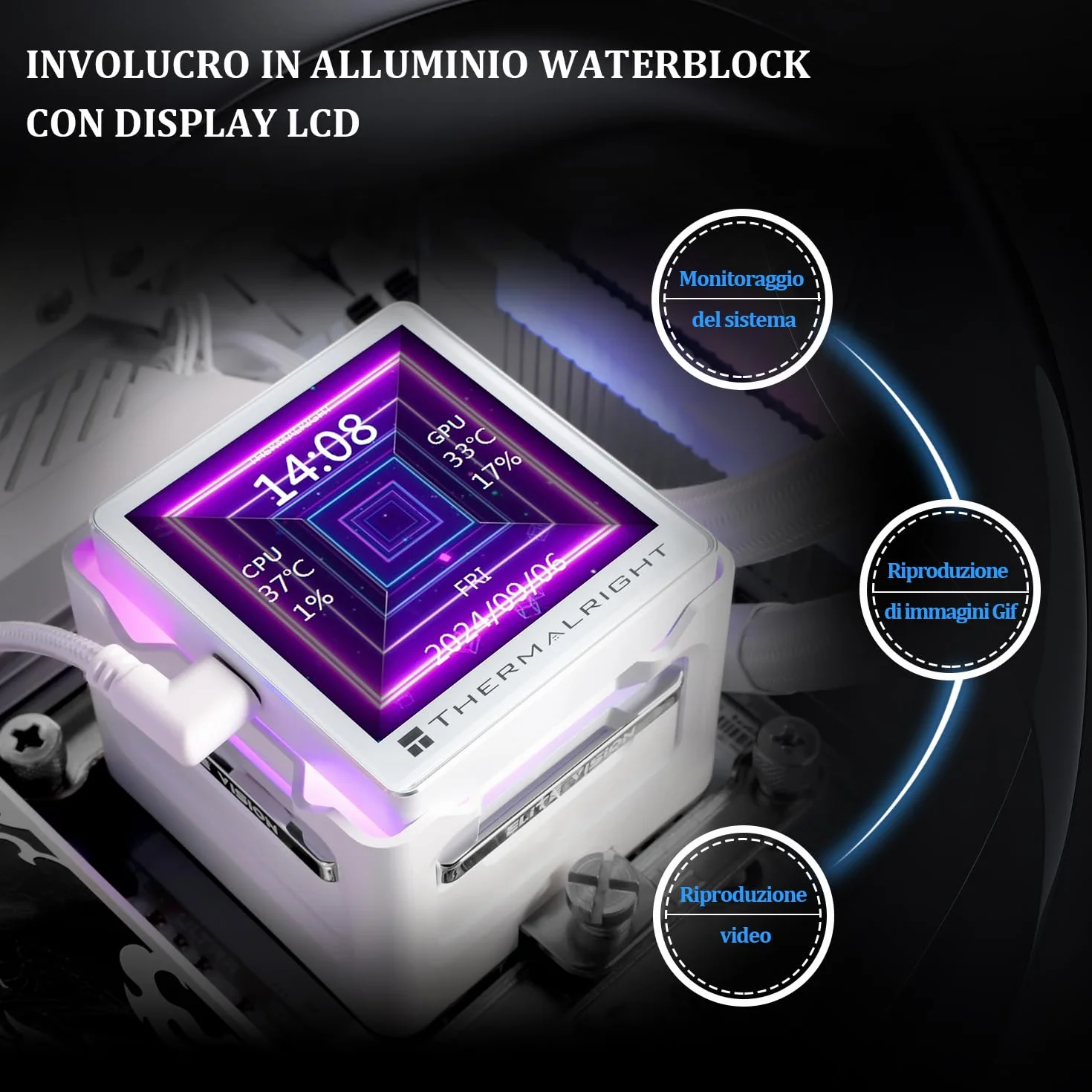 TR Elite Vision 360 ARGB biały chłodnica wody CPU z wentylatorem PWM, prędkość 2150 obr./min, IPS LCD z rozdzielczością 320 x 320, płynny chłodnica procesora, do wyświetlacza AM5/Intel 1851/1700,2,73