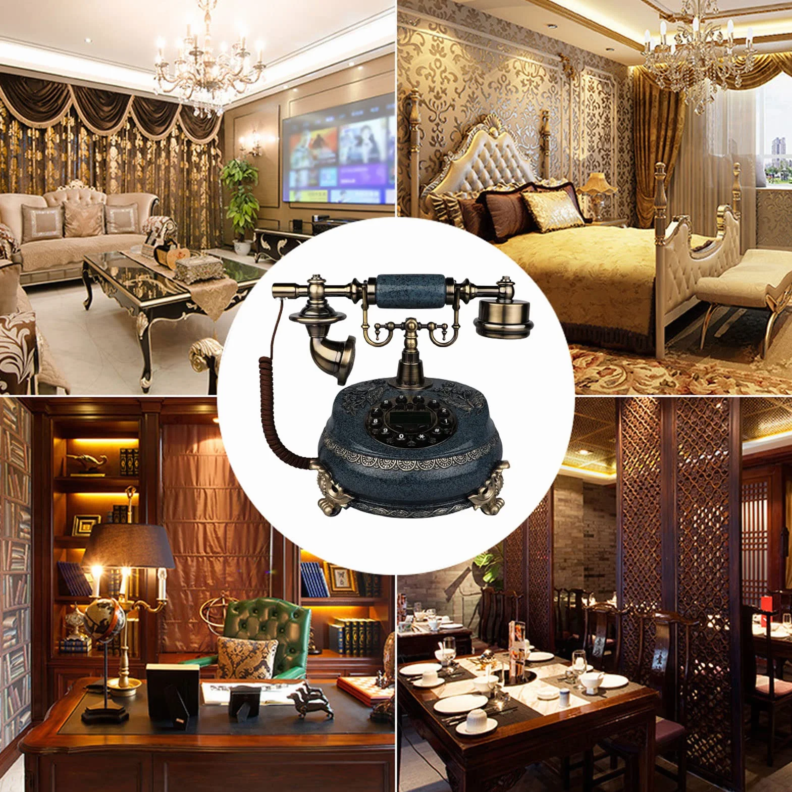 WangXLDD Klasyczny europejski telefon stacjonarny, niebieski staromodny przewodowy telefon stacjonarny na biurko do domu, dekoracja, salon, sypialnia (B)
