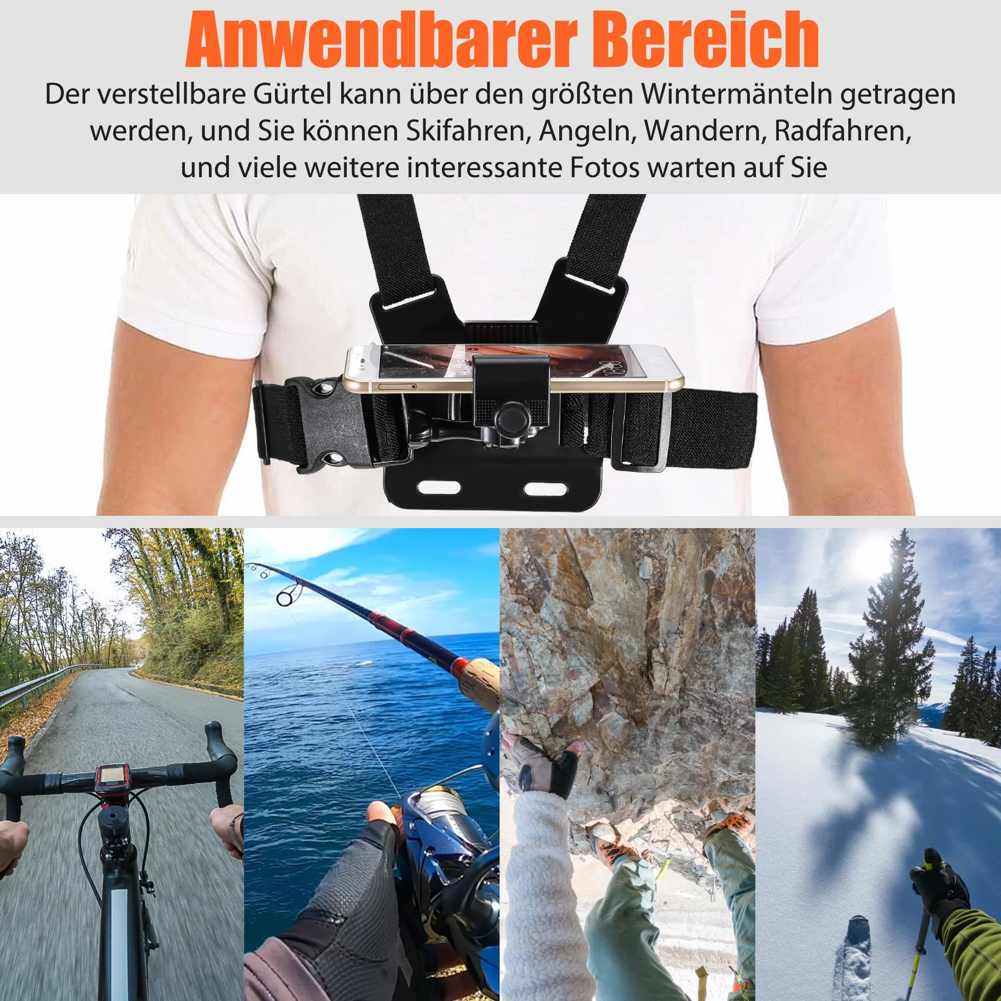 Uchwyt na pas piersiowy do GoPro & Action Cam akcesoria – regulowany pas piersiowy z uchwytem na telefon komórkowy, kompatybilny z GoPro Hero, DJI Osmo Action 5, Akaso, APEXCAM, Android, iPhone